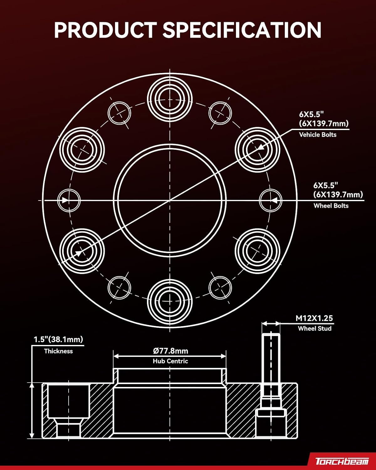 Torchbeam 6x5.5“ Hub Centric Wheel Spacer 1.5 inch for Titan, Pathfinder Armada, Armada, Pathfinder,QX56,77.8mm Center Bore & M12x1.25 Stud, 4 Pcs 6x139.7mm Spacers,Black