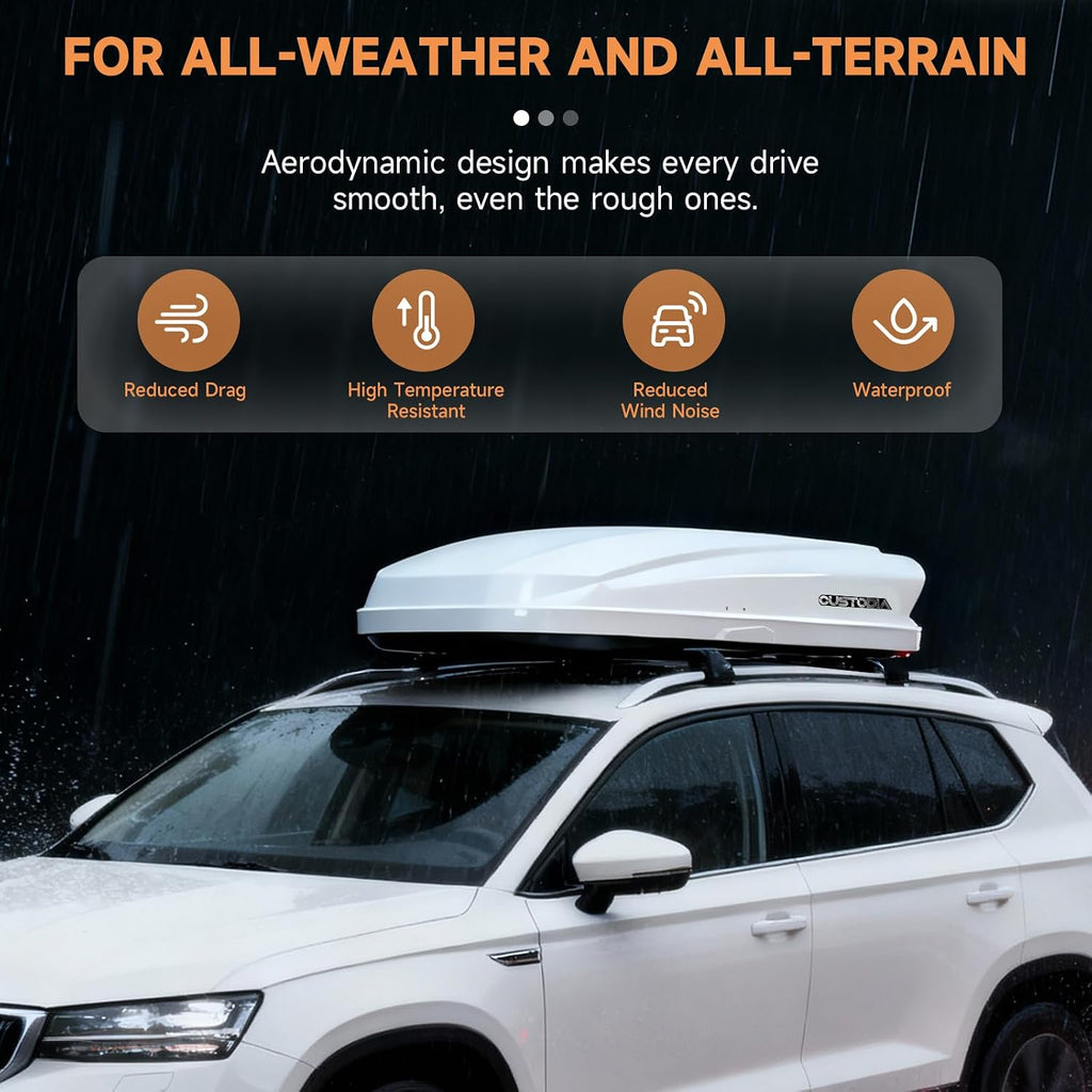Hard Shell Roof Cargo Carrier White with Security Keys, Roof Box, Cargo Box, 63 (L) x 33 (W) x 14(H) Inches, 14 Cubic Feet (Tool-Free Install) Secure Your Travel with a Reliable Roof Box