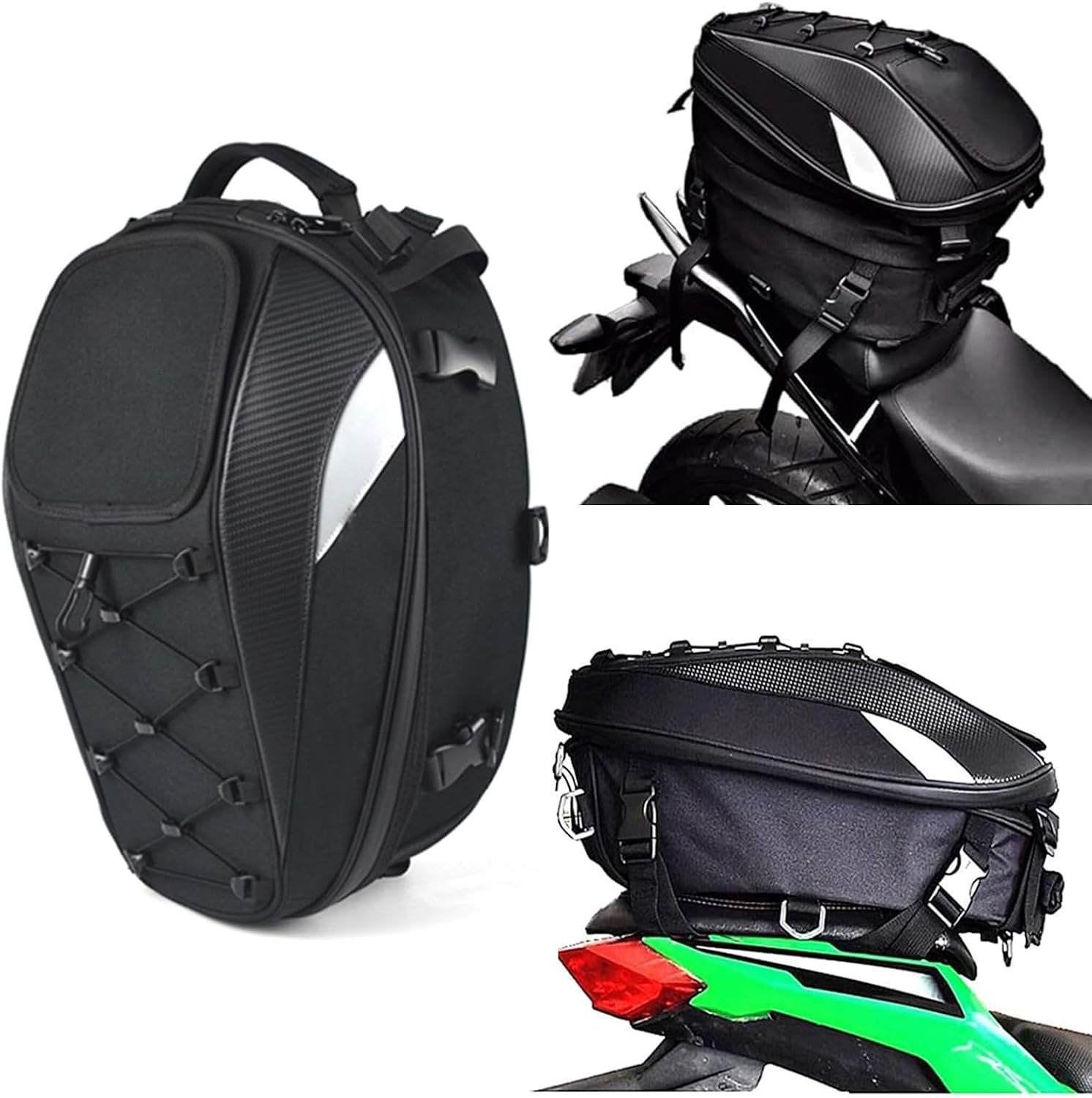 Motorcycle Tail Bag,Waterproof Seat Bag,Dual Use Backpack With Cargo Net | Expandable Helmet Bag with Rain Cover & Shoulder Strap, Multifunctional Storage Saddle Bag, Motorbike Luggage Tail Pack
