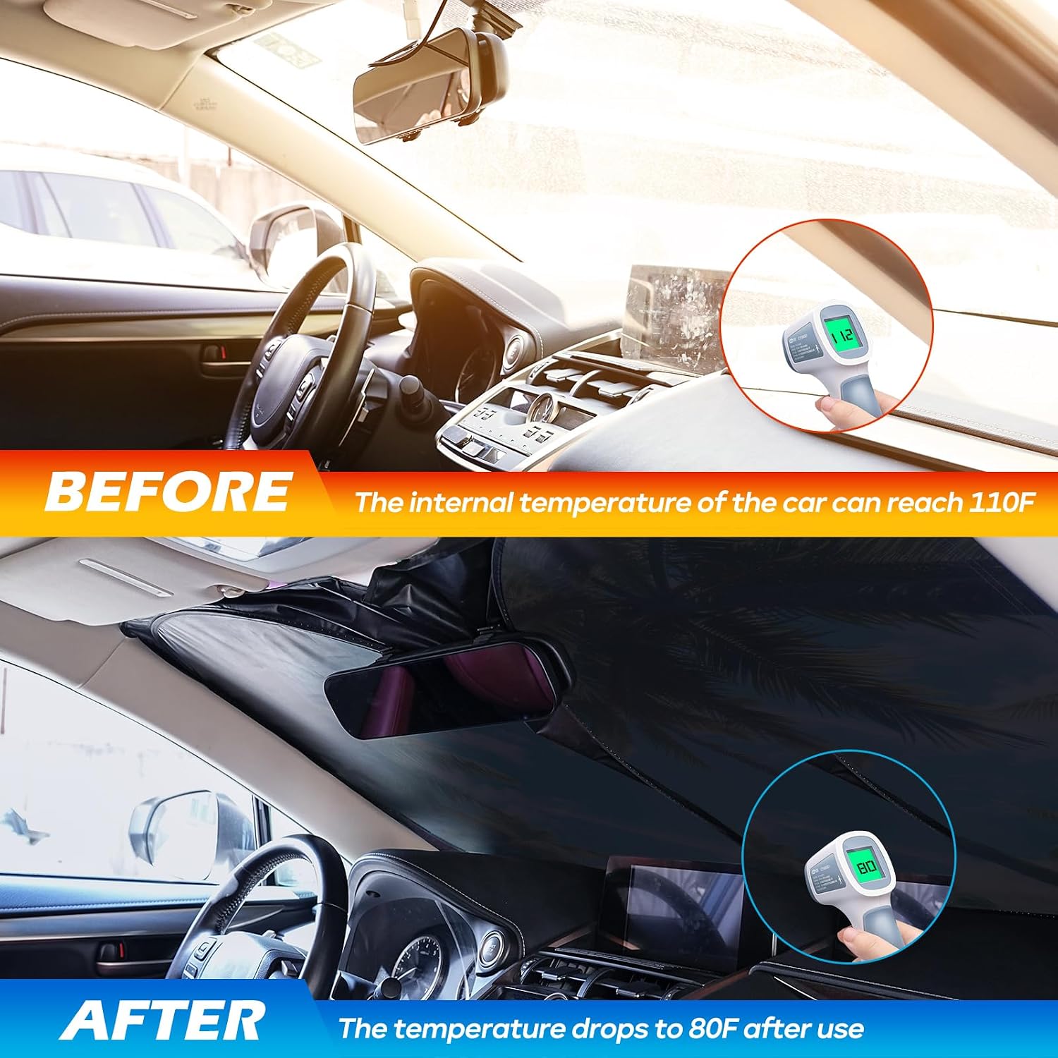 Avisky Windshield Sun Shade for Cars, Trucks & SUVs, Polyester Front Window Sunshade to Block UV Rays & Heat, Foldable Auto Front Windshield Cover, 57“x31”
