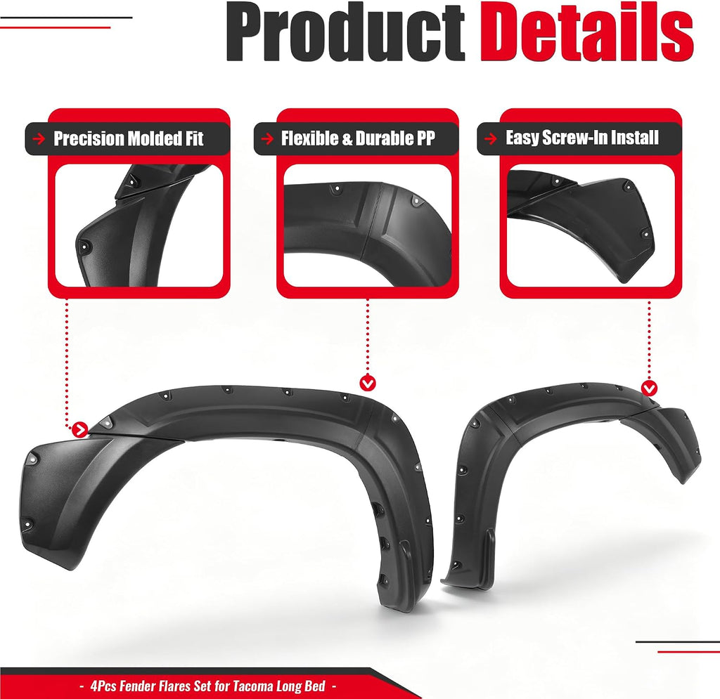 4Pcs Fender Flares Compatible with 2012-2015 Toyota Tacoma | Fleetside 6 FT (72") Long Bed Front & Rear Wheel Arch Covers PP Plastic Textured Black