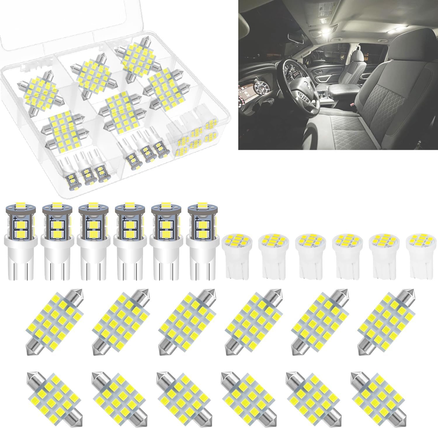 24 Pieces Car interior led lights Dome Bulb Kit Set T10 194 578 42mm DE3175 31mm Bulb Interior Replacement for Car Map License Plate Door Side Marker Trunk Light, White