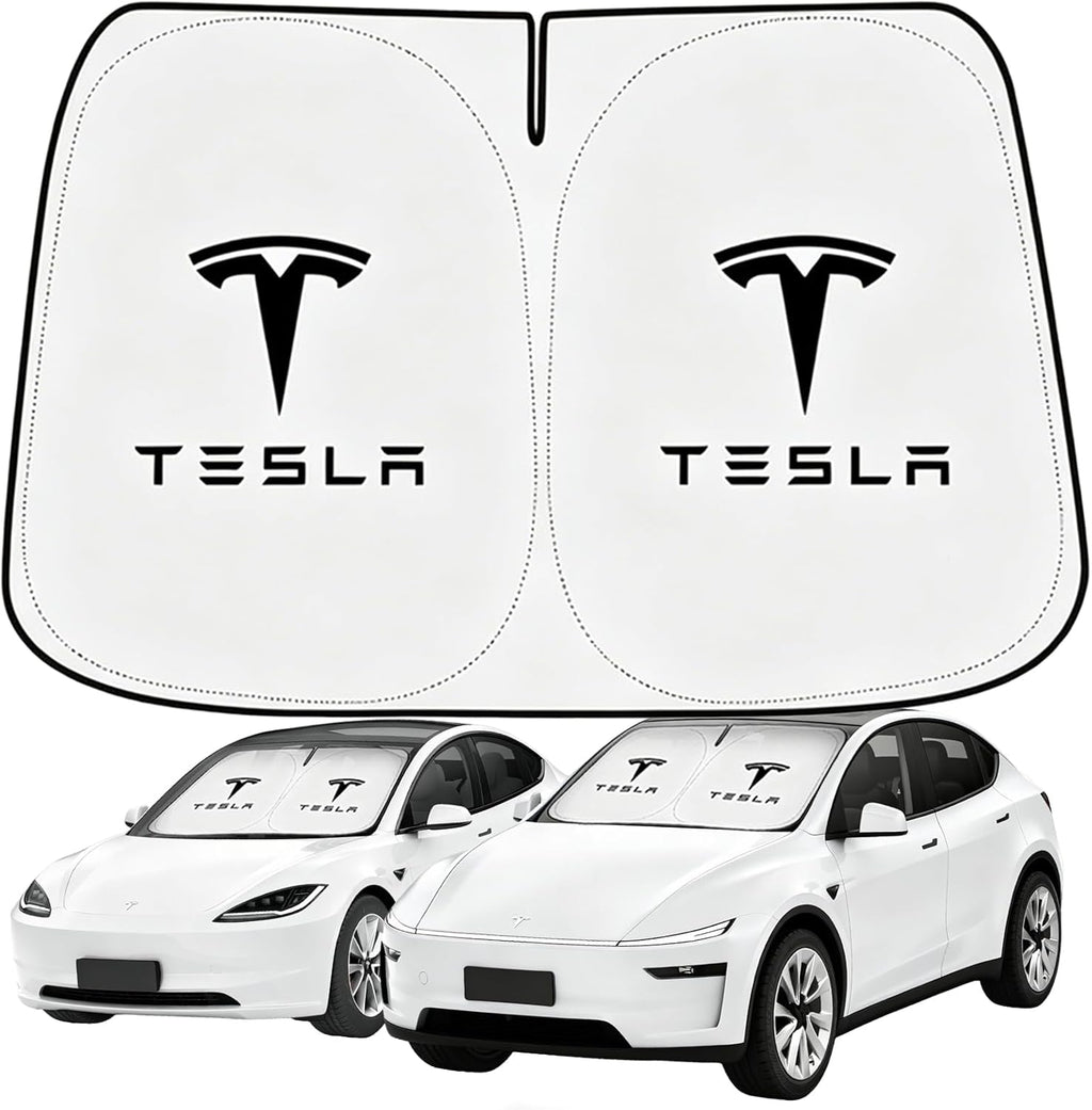 Windshield Sunshade for Tesla Model 3 & Model Y, Digital Printed Double-Sided Fabric Sun Visor, Silver Outside Black Inside UV Block Sunshade Compatible with 2017-2026 Model 3 2021-2026 Model Y