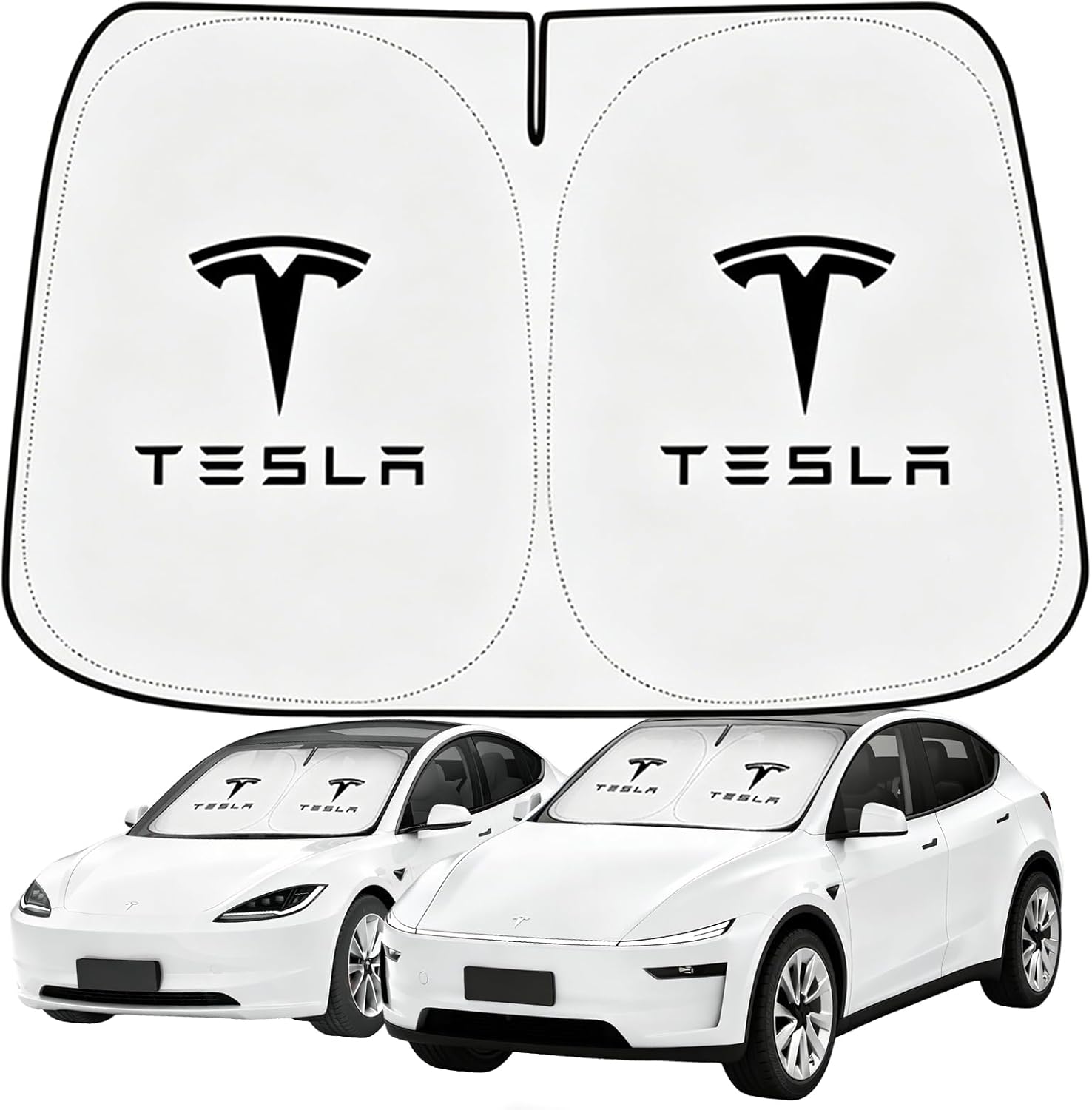Windshield Sunshade for Tesla Model 3 & Model Y, Digital Printed Double-Sided Fabric Sun Visor, Silver Outside Black Inside UV Block Sunshade Compatible with 2017-2026 Model 3 2021-2026 Model Y