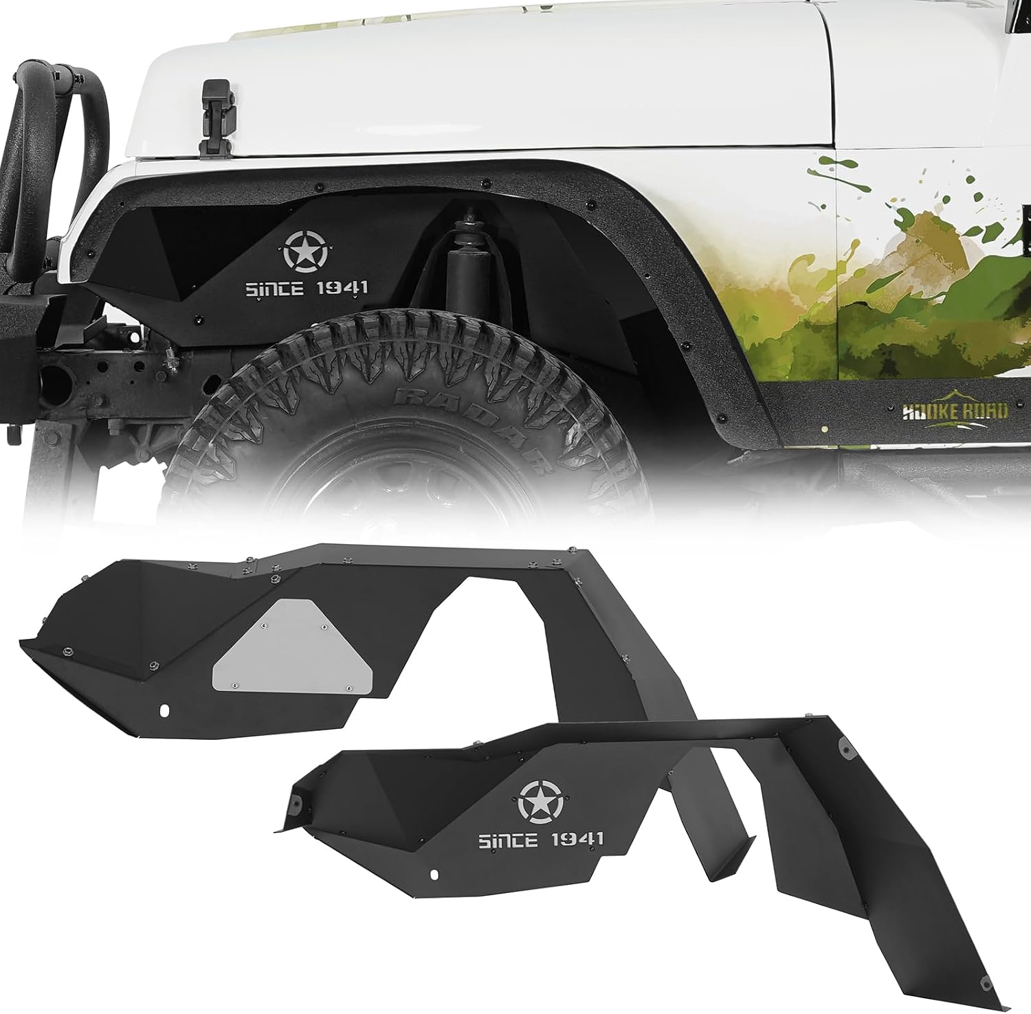 Hooke Road Wrangler YJ Front Inner Fender Liners for Jeep Wrangler YJ 1987-1995, Steel Black Front Wheel Well Liner Splash Mud Guards - 2PCS