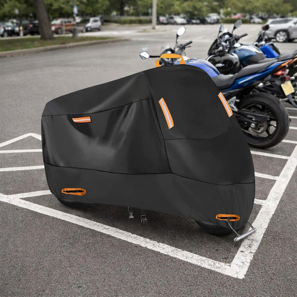 190T Motorcycle Cover, Waterproof All-Weather Motorbike Cover with 2 Reinforced Lock Holes, 4 Reflective Strips & Windproof Buckles