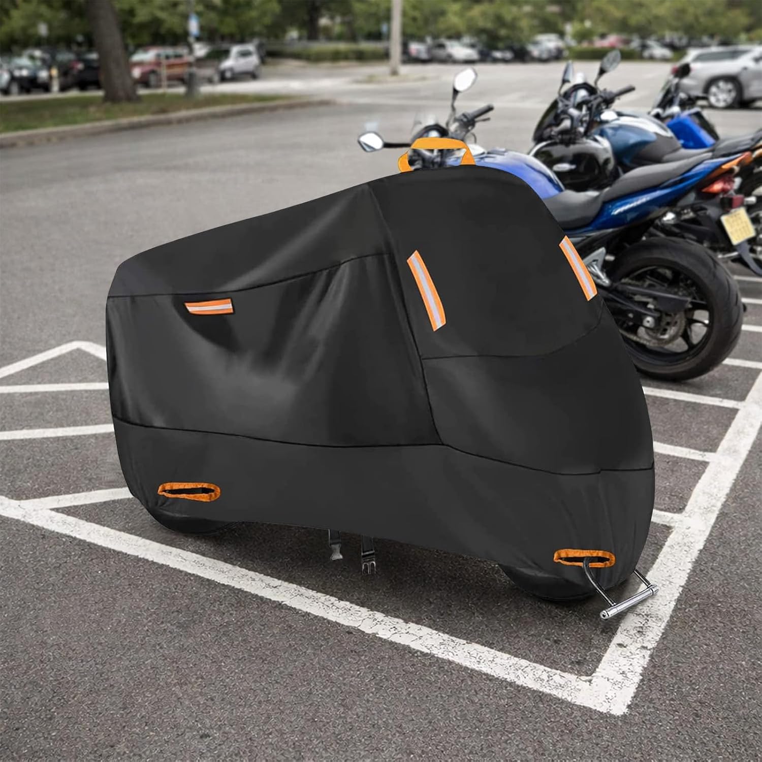 190T Motorcycle Cover, Waterproof All-Weather Motorbike Cover with 2 Reinforced Lock Holes, 4 Reflective Strips & Windproof Buckles