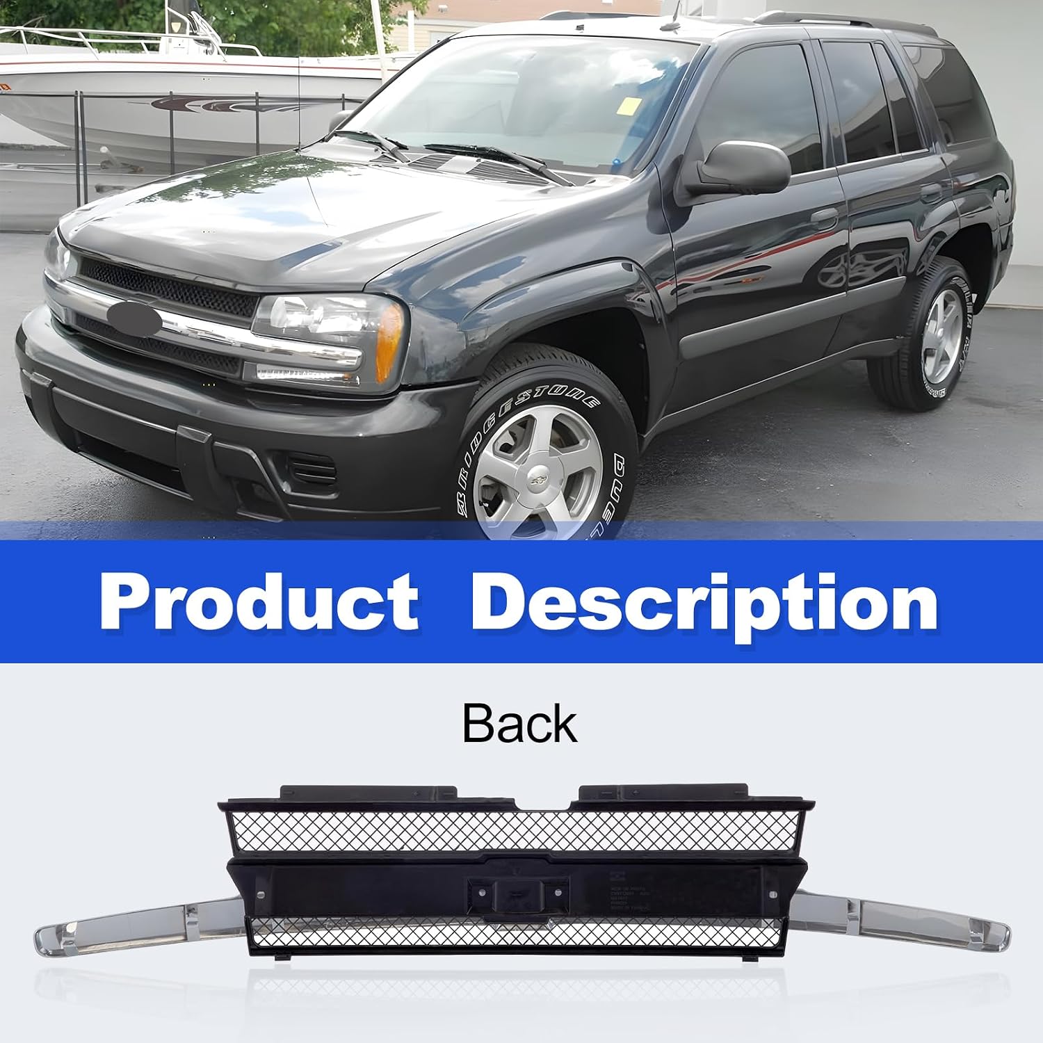 CarPartsDepot Front Grille Chrome Center Bar With Dark Gray Mesh Compatible With 2002-2005 Chevy Trailblazer GM1200477 10358128