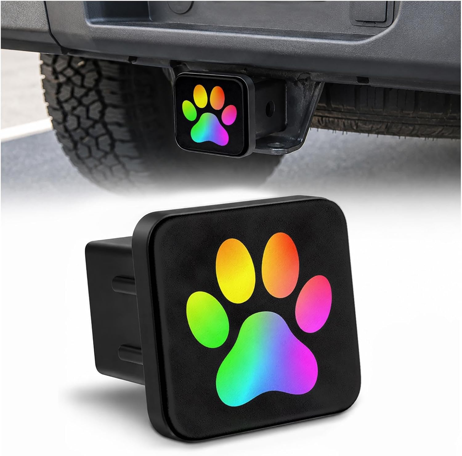 Trailer Hitch Covers Rainbow Dog Cat Paw Print Heavy Duty 2 Inch Hitch Cover for Weather Protection, Rubber Hitch Receiver Cover Plug Cap for Trucks SUVs and Off-Road Vehicles