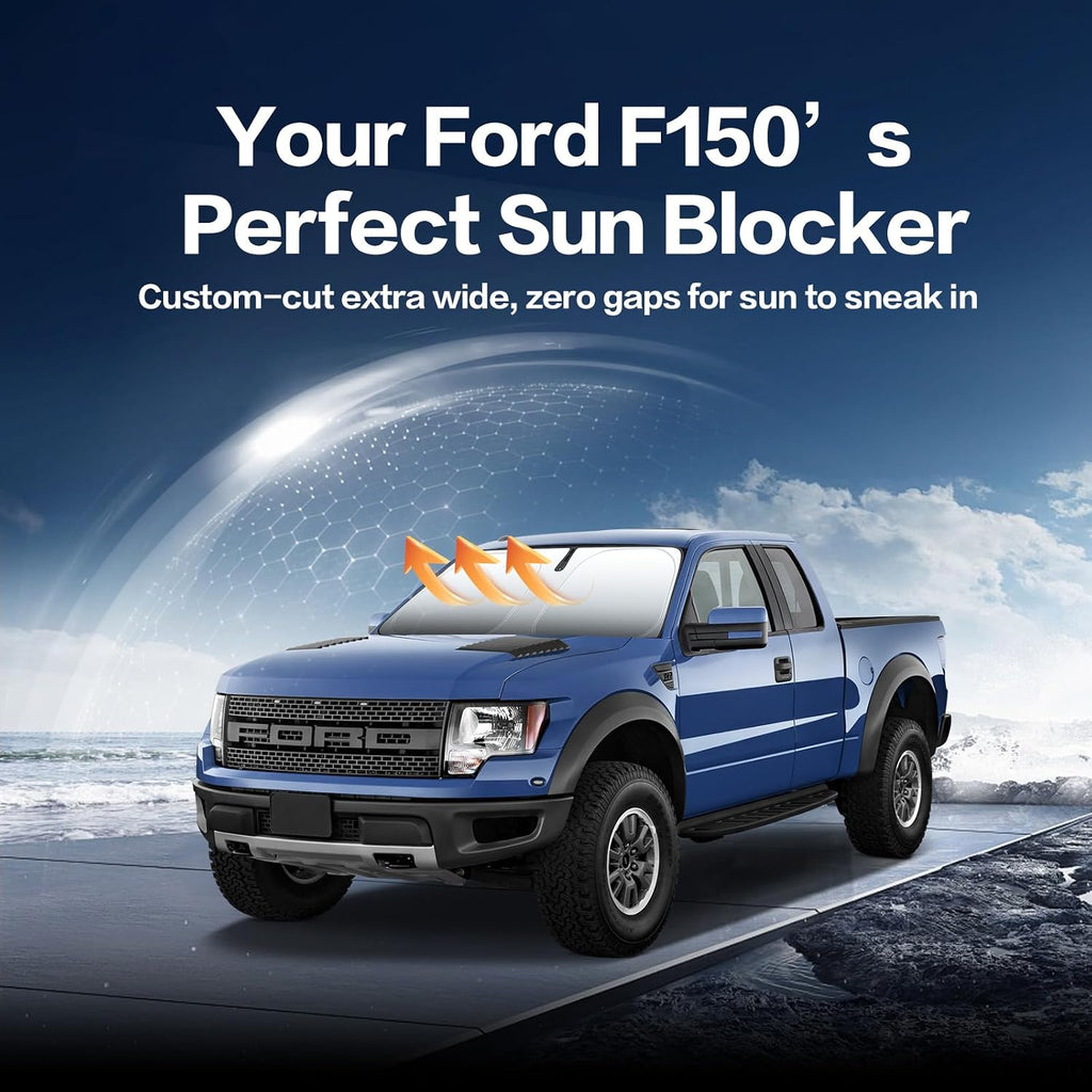 Windshield Sun Shade for Fit Ford F150 2021-2025 Foldable Sunshade with Titanium Silver & Ice Blue Layer, UPF50+ Car Window Shade