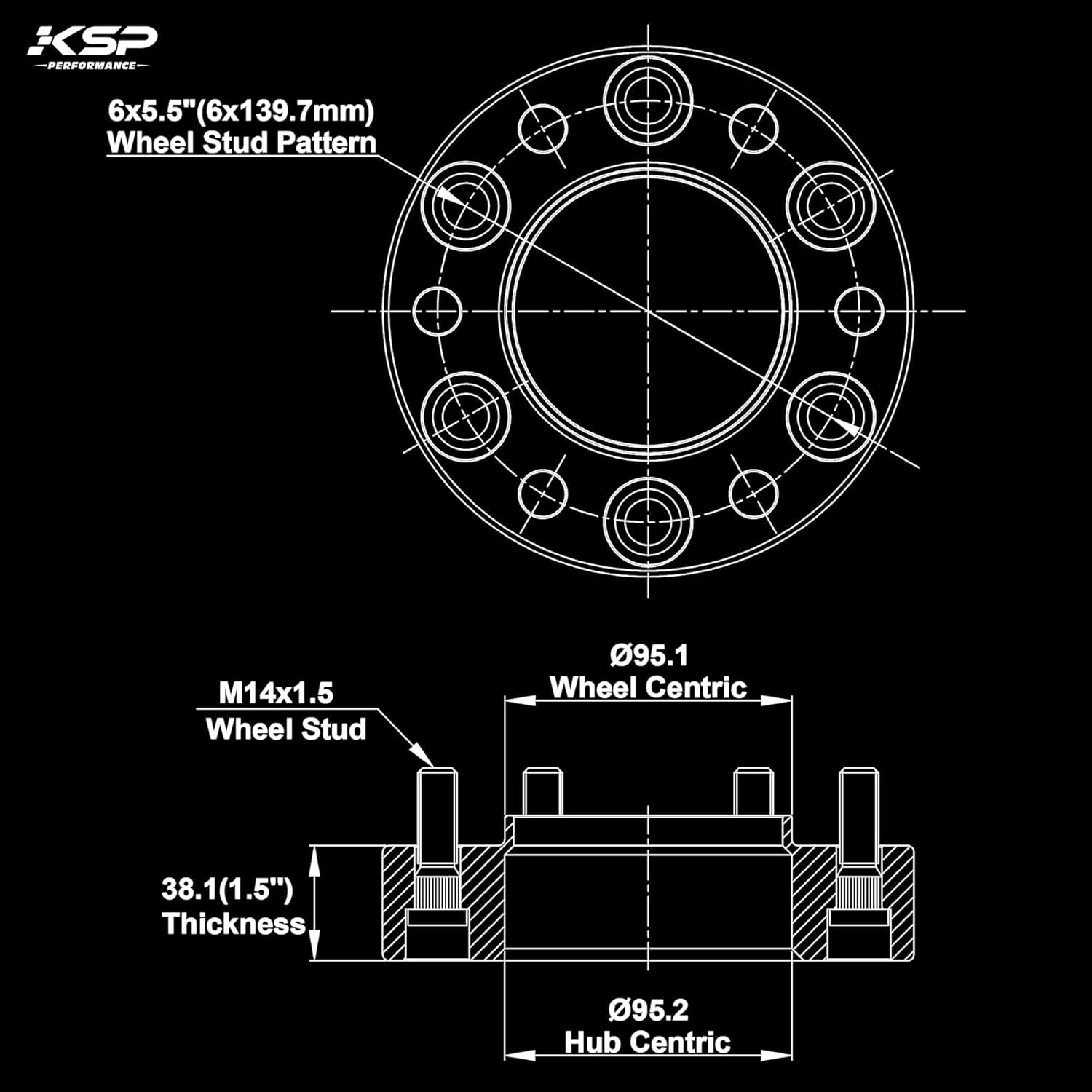 KSP 4PCS 6x139.7 Wheel Spacers for 2023+ Tundra 2024+ Tacoma 2025+ 4Runner, 1.5" 6x5.5 Wheel Adapter with 14x1.5 Lug Studs 95.2mm Hub Bore, Compatible with Toyota-Lexus 6 Lug