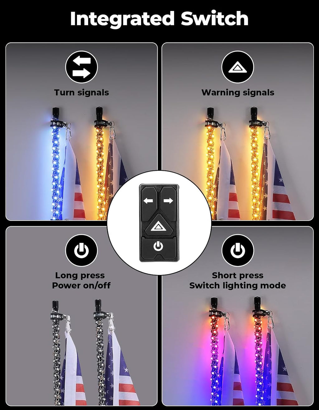 Kemimoto 2PCS 3FT Universal LED Whip Light and 4 PCS Rock Lights Combo | 366 Modes with Integrated Rocker Switch (Turn/Hazard/Light) & SOS Mode, Spring Base & App Control, IP67 Waterproof
