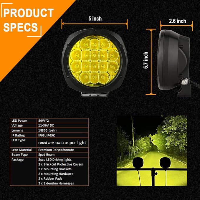 BIGLION.X 5 Inch Pair 160W Amber Round LED Offroad Lights 18800LM Amber Yellow - Image 3