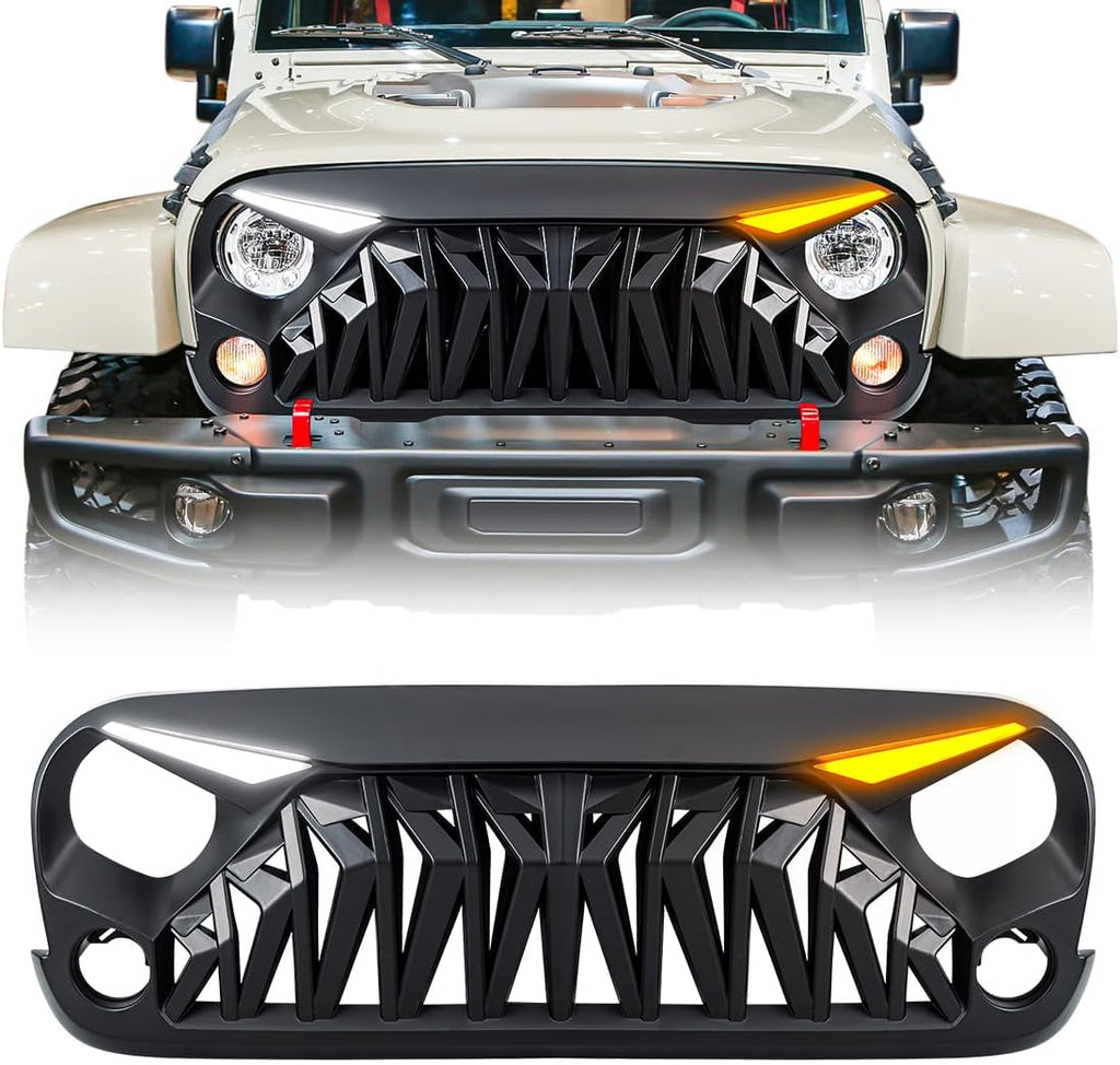 Front Grill Compatible with 2007-2018 Jeep Wrangler JK JKU, Shark Grille w/DRL Turn Signal Lights, Matte Black