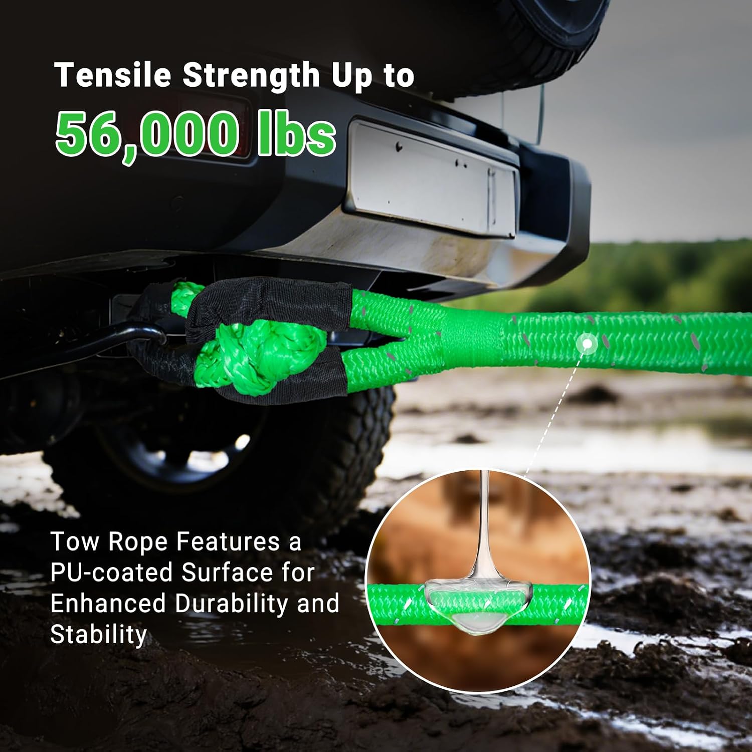 Kinetic Recovery Tow Rope 5/8" x 20ft Tow Strap 36000lbs Snatch Strap with 2Pcs Soft Shackles 56000lbs Break Strength Heavy Duty Kinetic Towing Rope for Truck ATV UTV Offroad Recovery Rope Kit