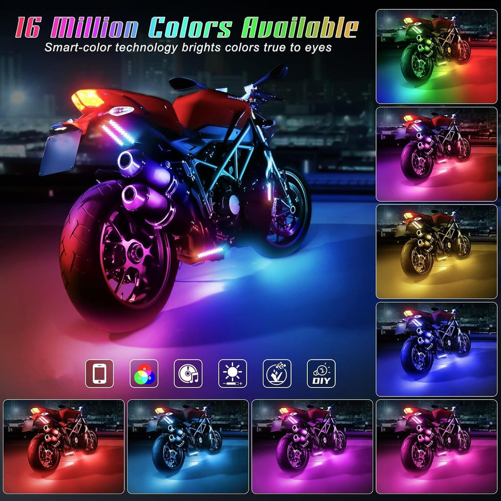 6 Pcs Motorcycle LED Light Kits, App Control Multicolor Waterproof Motorcycle LED Strip Lights, Music Sync & Multiple Scene Modes RGB LED Lights for Motorcycles, DC 12V