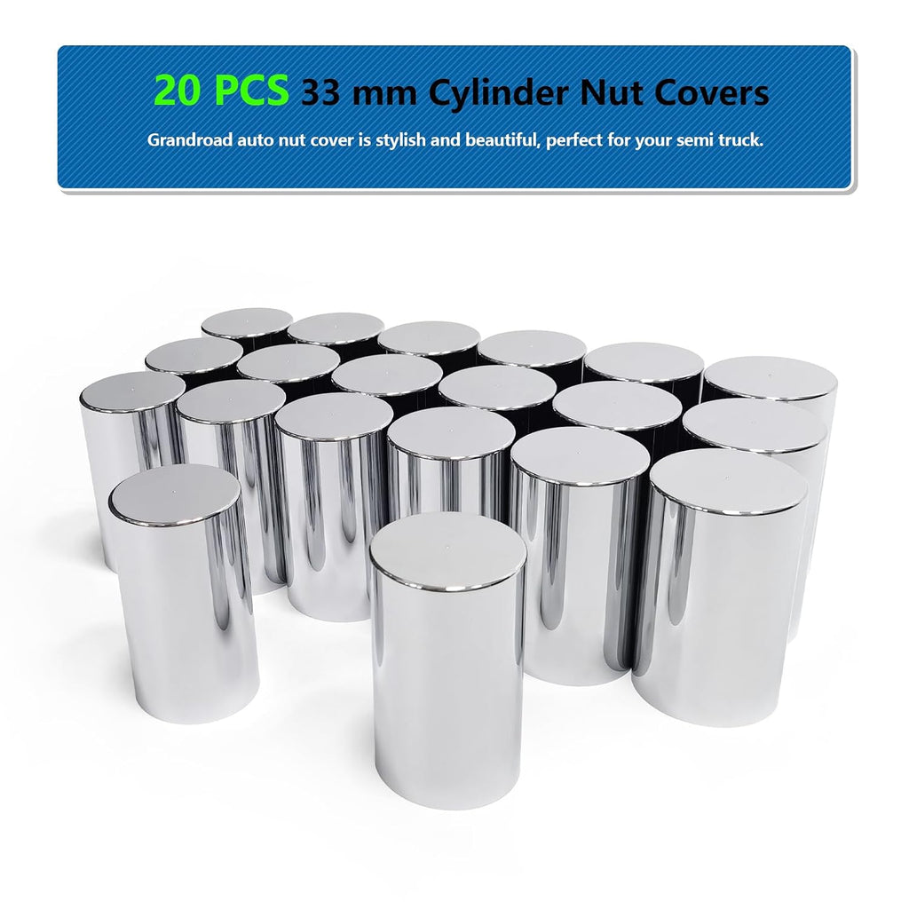Grandroad auto 20 Pack Lug Nut Covers, 33mm by 3-1/2" Thread On Flat Top Cylinder Nut Cover Caps ABS Chrome Plastic Anti-Rust Screw-on Lug Nut Covers for Semi Trucks Trailers