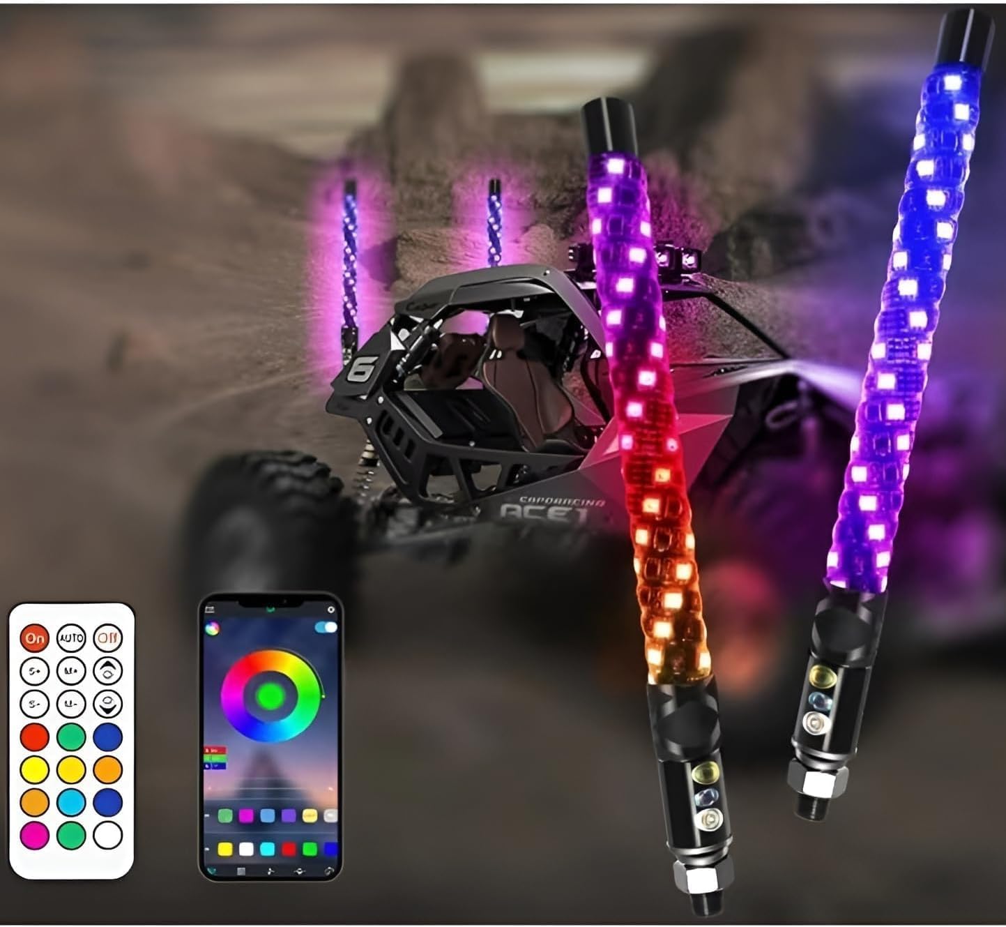 S7 2 Pack 1FT Whip Lights, LED Whip Light with App & Remote Control, Spiral RGB Chasing Lighted Antenna Whips,Whip Light for UTV ATV RZR SXS Can-Am Dune Buggy Offroad Truck (1ft)