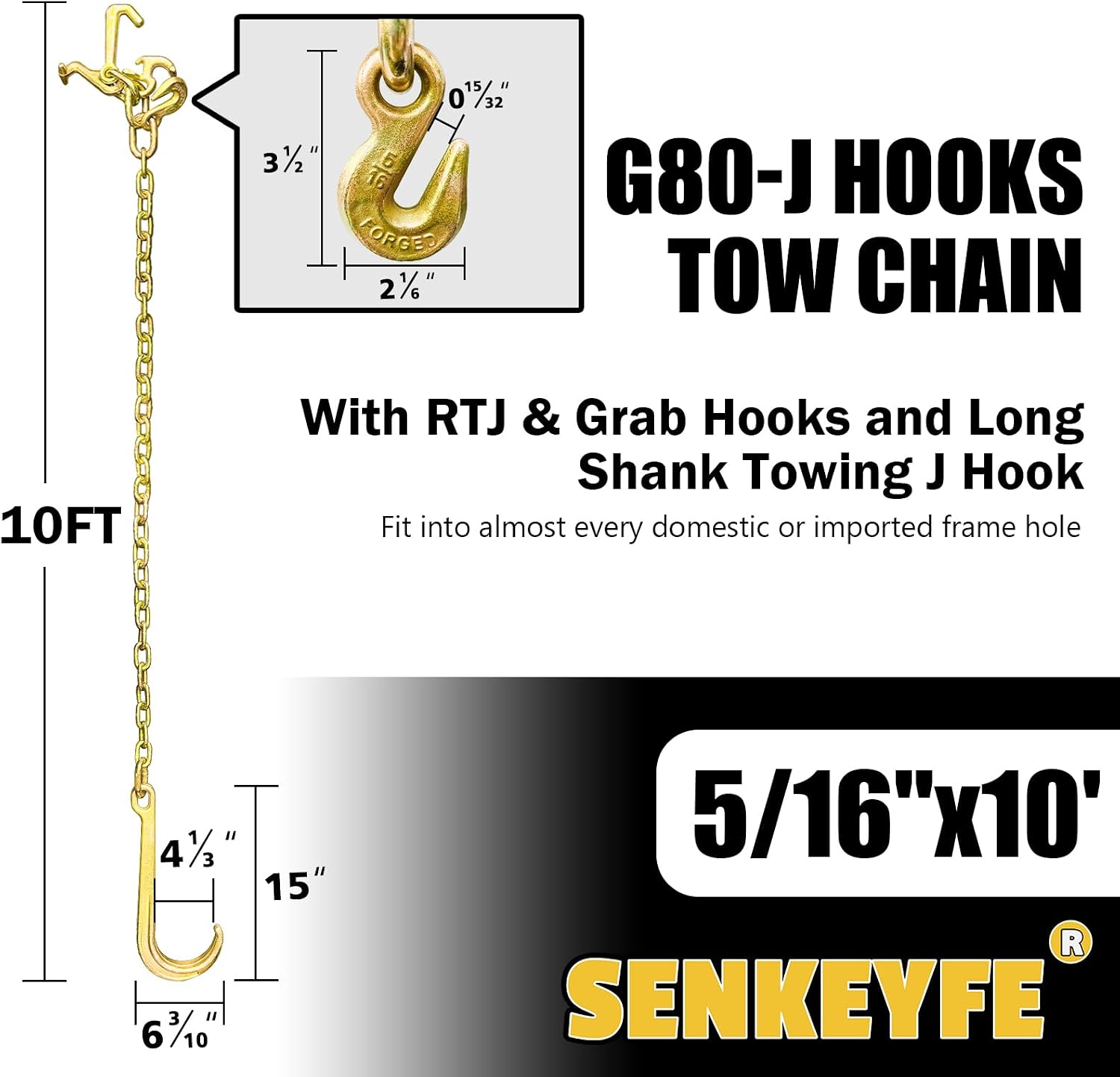 2PCs G80 j Hooks Tow Chain, 5/16" x10' Recovery Tow Hooks Chain 15IN J Hook w/RTJ & Grab Hook, 18800LBS Wrecker Towing Truck Equipment Accessories J Hooks, Bridle Tow Transport Chain