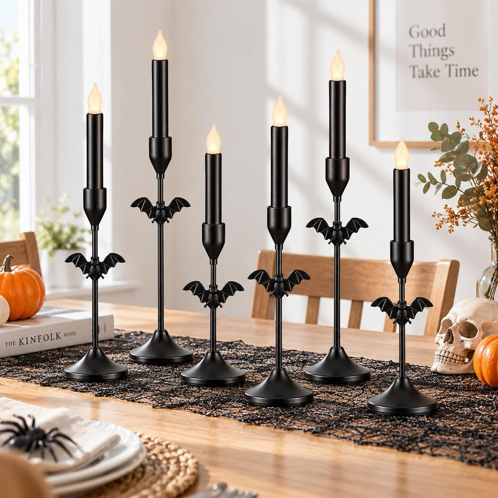 Ceenna 6 Pcs Halloween Bat Candle Holders, 3 Size Black Taper Candle Holder
