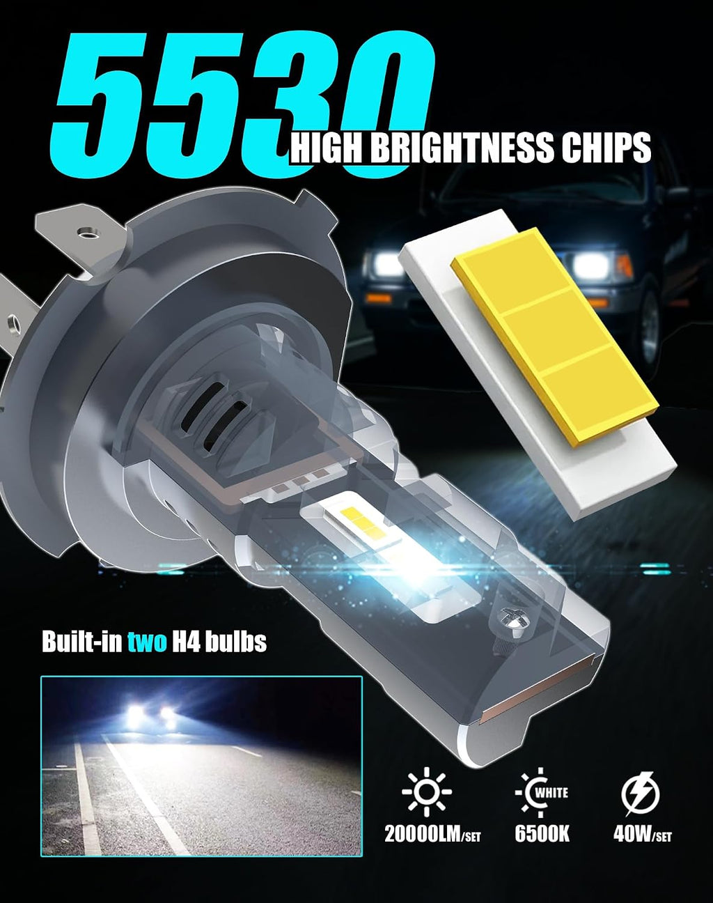 5X7 7X6 H6054 Glass Square Headlight Housings and H4 Light Bulbs | 6500K LED High Low Beam 7 inch OEM Style Original Classic Look Conversion Assembly Pair Kit for Cars Truck and Van