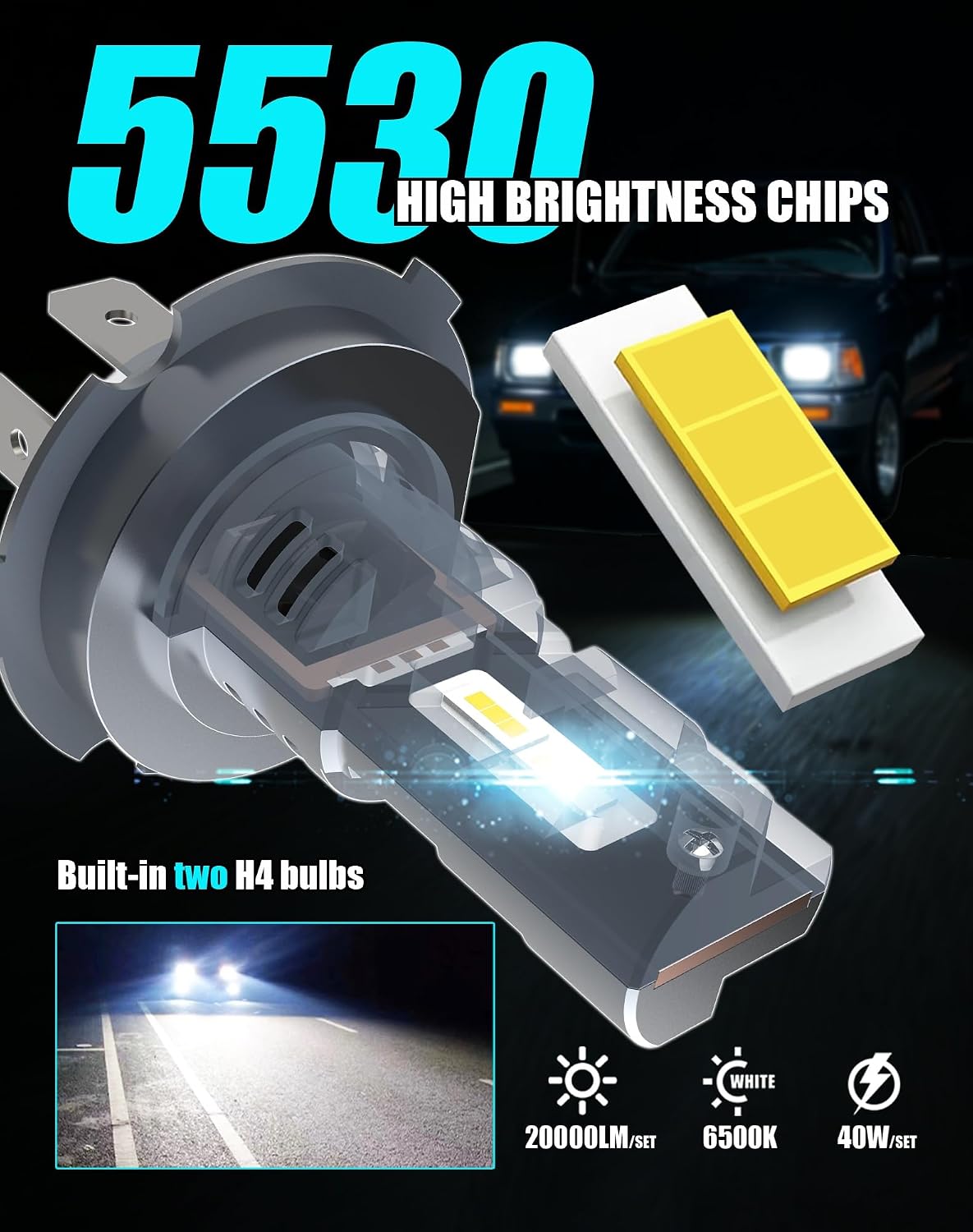 5X7 7X6 H6054 Glass Square Headlight Housings and H4 Light Bulbs | 6500K LED High Low Beam 7 inch OEM Style Original Classic Look Conversion Assembly Pair Kit for Cars Truck and Van