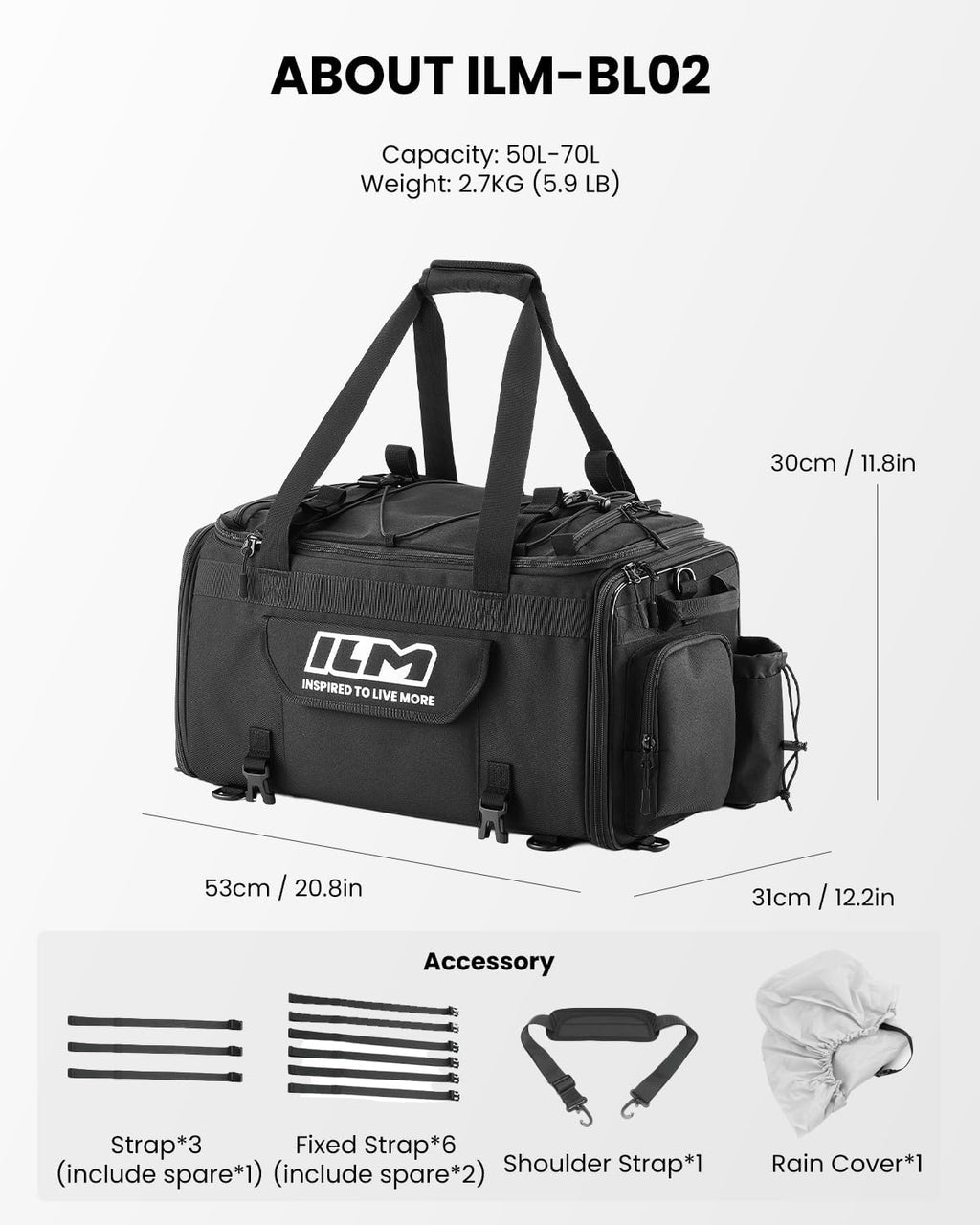 ILM Motorcycle Tail Bag 50-70L Travel Luggage Motorbike Rear Rack Trunk Shoulder Backpack with Rain Cover Model BL02