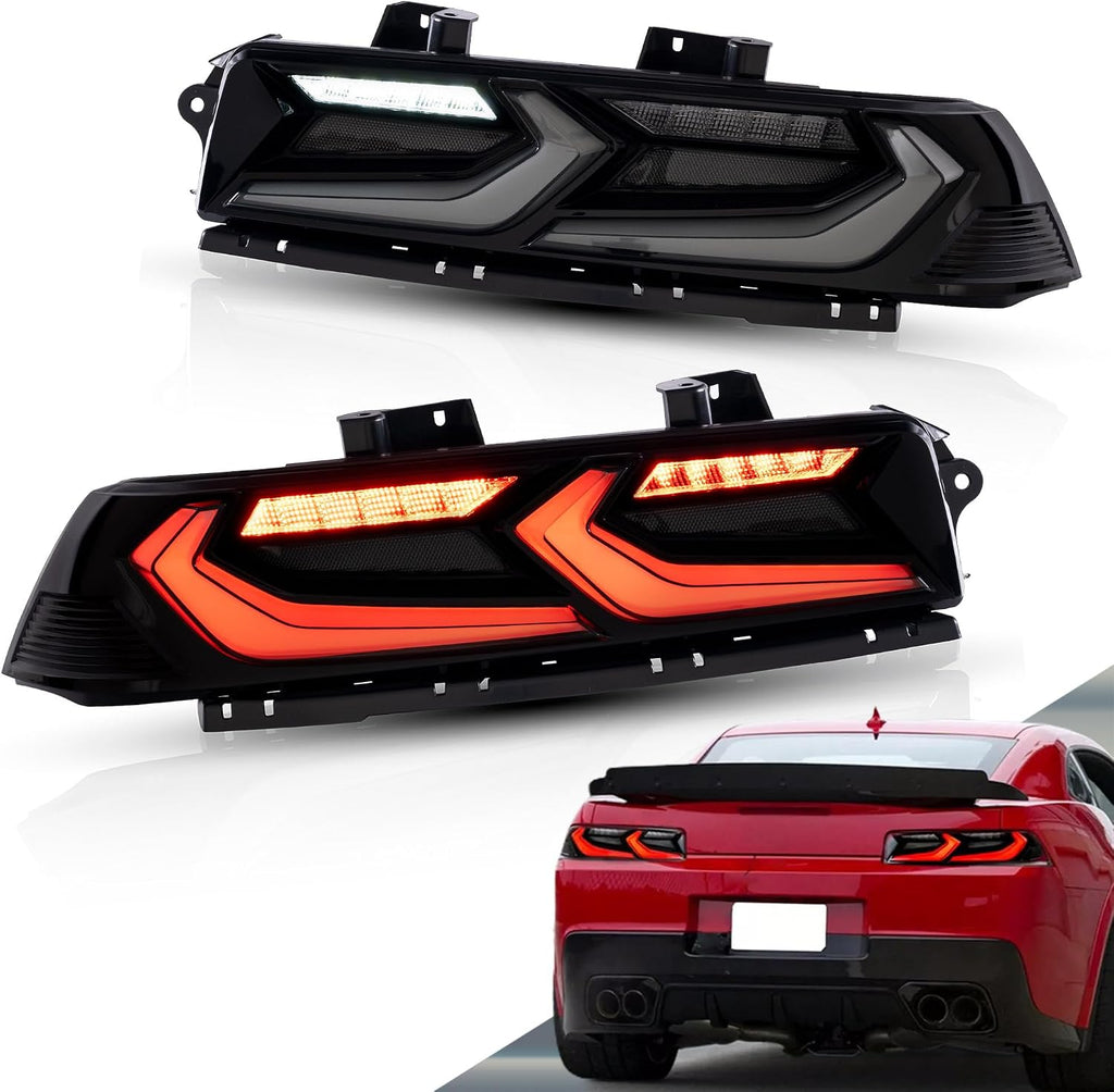 VLAND Led Tail Lights Compatible with Camaro Coupe 2014 2015 LT LS SS ZL1 w/Red Turn Signal Rear Lamp Assembly Smoke Lens Sold as Pairs