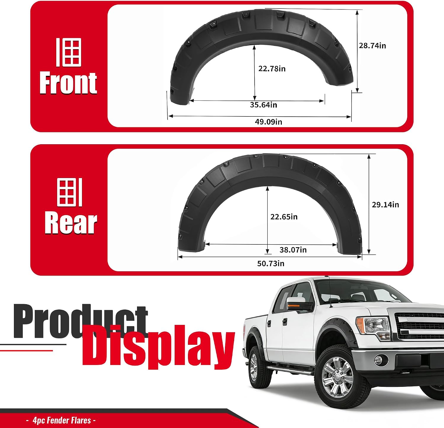 Fender Flares Compatible with 2009-2014 Ford F-150 | Styleside Bed 67.0"/78.8"/97.4", Excludes Platinum & Raptor Models, Pocket Rivet Style, Textured Black, 4PCS