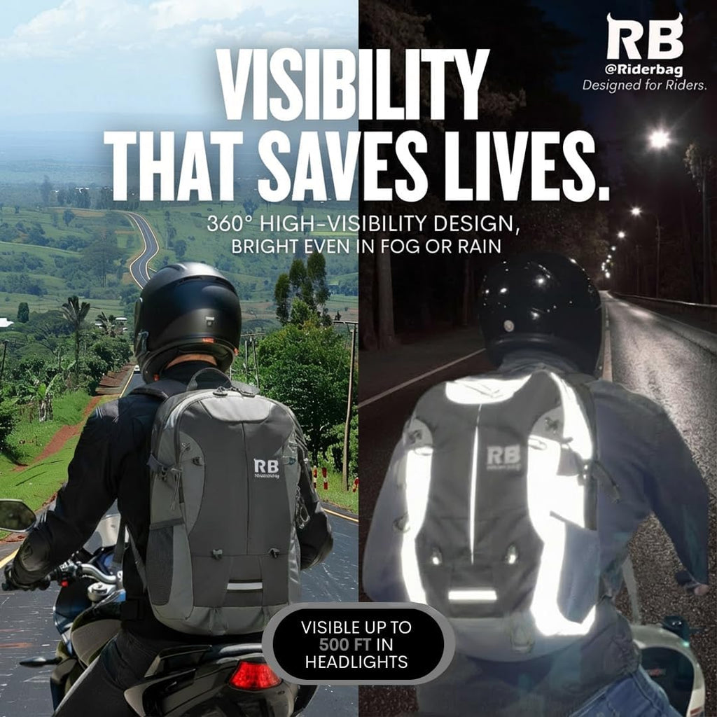 riderbag Reflective Motorcycle Backpack, Hi Viz Commuter Riding Bag | Designed by Riders for Everyday Rides with Laptop Compartment and Helmet Net. Built to Help You Be Seen.