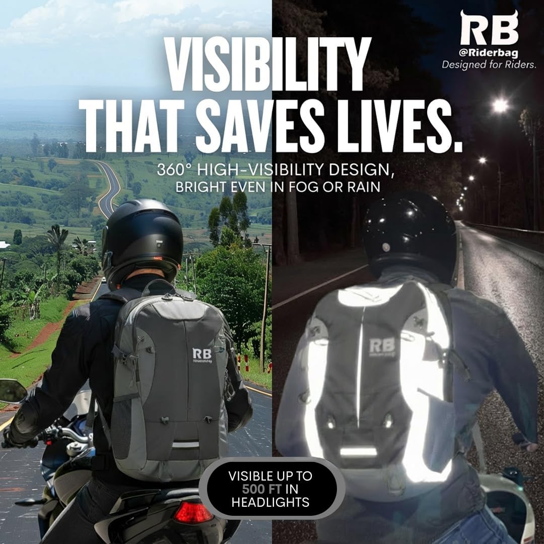 riderbag Reflective Motorcycle Backpack, Hi Viz Commuter Riding Bag | Designed by Riders for Everyday Rides with Laptop Compartment and Helmet Net. Built to Help You Be Seen.