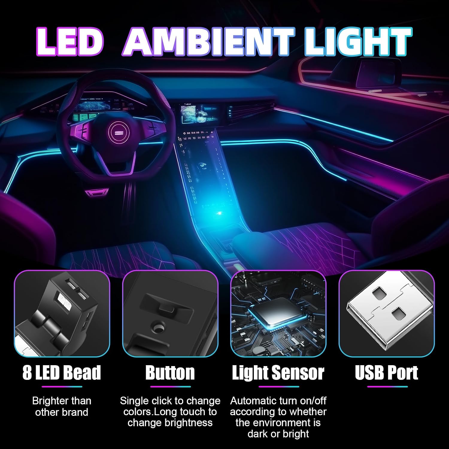 Frienda 2 Pcs Mini USB LED Light Car LED Interior Lighting 5v RGB Foldable Ambient Lighting Adjustable 8 Color and Brightness Smart USB Night Lamp for Cars Laptop Keyboard (USB-A)