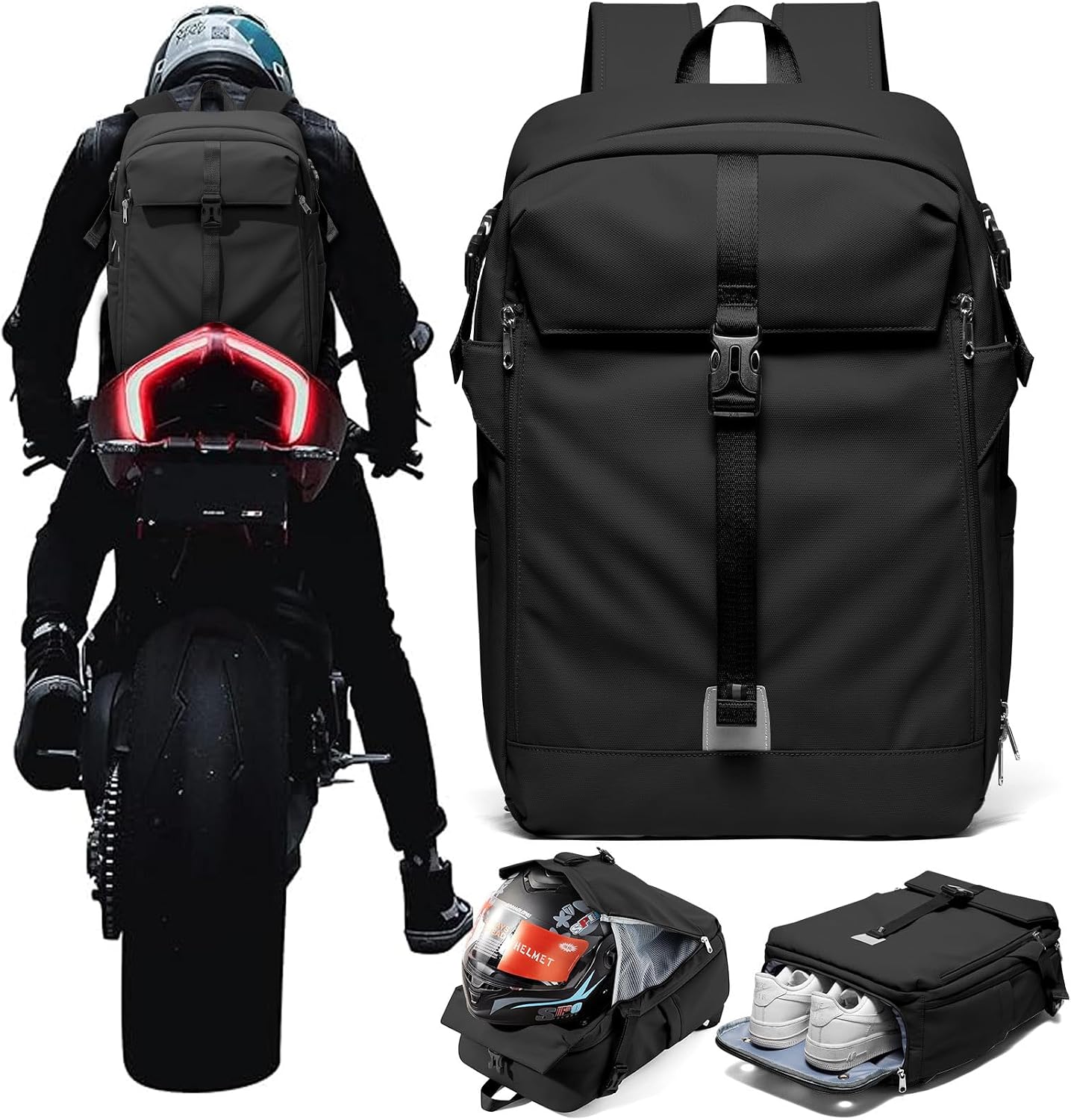 Helmet Backpack for Motorcycle Riders, Waterproof Large Capacity Backpack with Holder, Helmet Bag for Storage Hiking Cycling, Motorcycle Backpacks Motorcycle Riders Accessories for Men Women Black