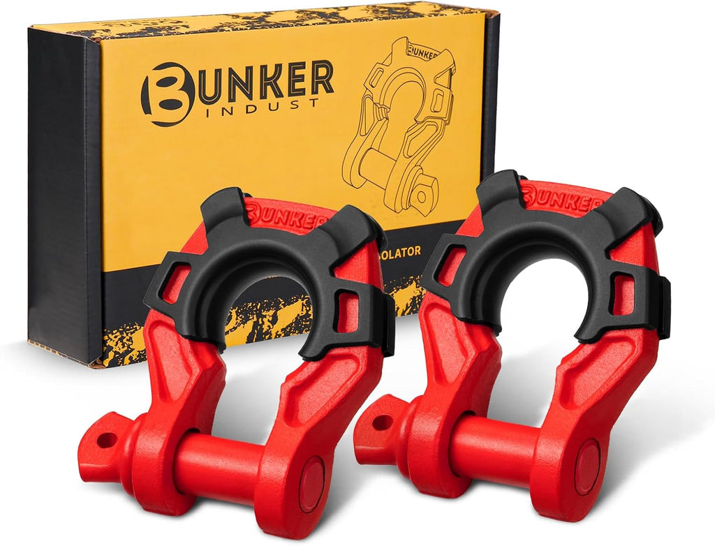 BUNKER INDUST 3/4" D Ring Shackle with 7/8" Pin,Red Tow Shackles with Isolator for Use with Tow Strap, Winch, 2 Pack Off-Road Recovery Shackle for Jeep Truck Vehicle ATV UTV, 42,000lbs Break Strength
