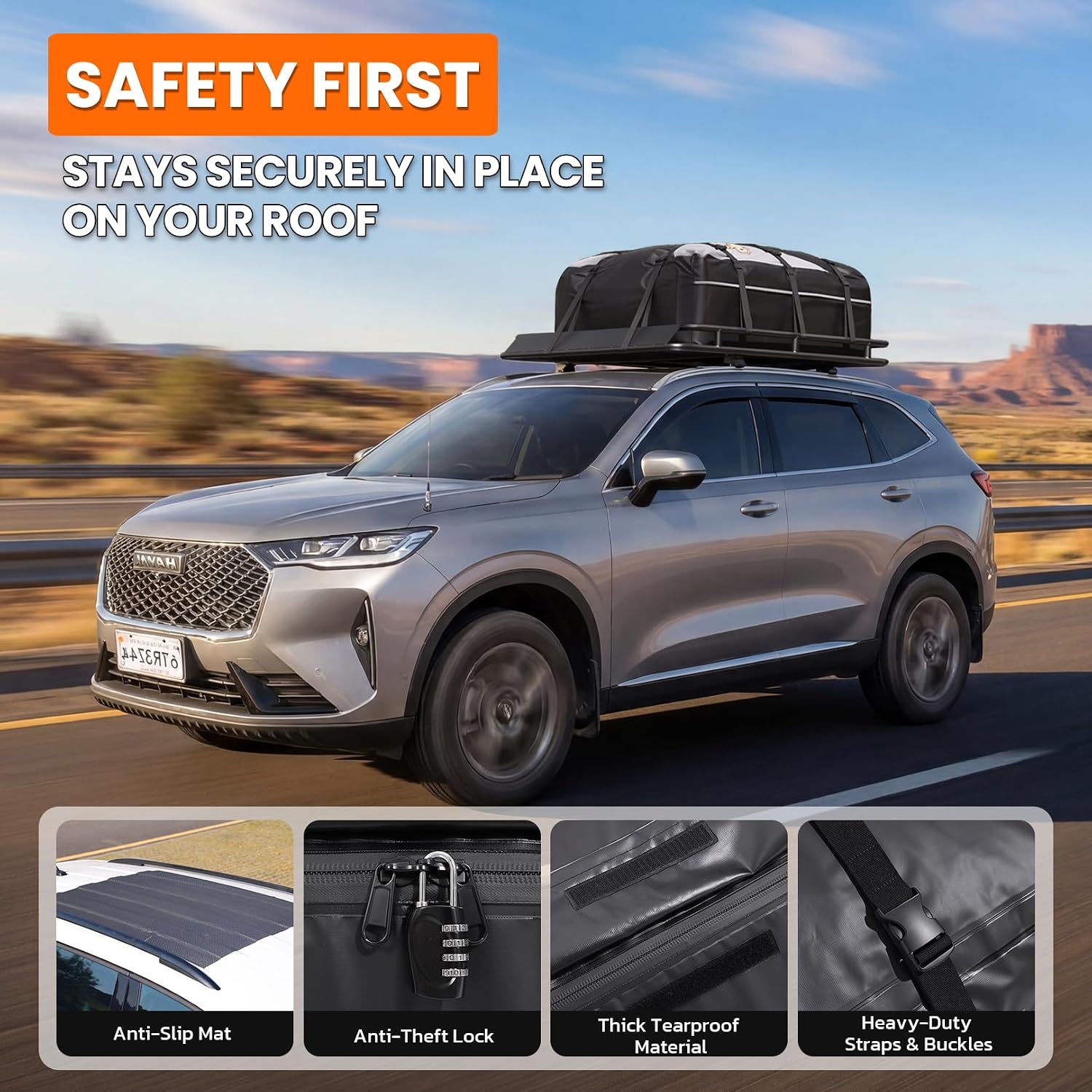 Sailnovo Rooftop Cargo Carrier, 21 Cubic Feet Soft-Shell Cargo Carrier for Top of Vehicle with/Without Roof Rack, Waterproof Car Roof Cargo Carrier with Anti-Slip Mat, Reinforced Straps, Door Hooks