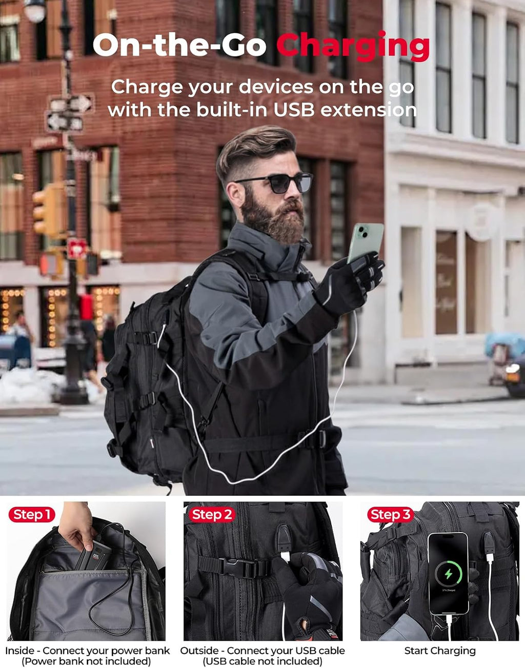 KEMIMOTO Motorcycle Helmet Backpack, 37L Large Capacity Helmet Bag with USB Charging Port, Riding Commuting Backpack for Men