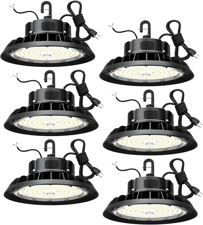 YXL 100W 6 Pack Super Bright UFO LED Lights, 15000LM 5000K, 0-10V Dimmable, Us Plug 5' Cable, 100-277V for Shop, Barn, Warehouse, UL Listed
