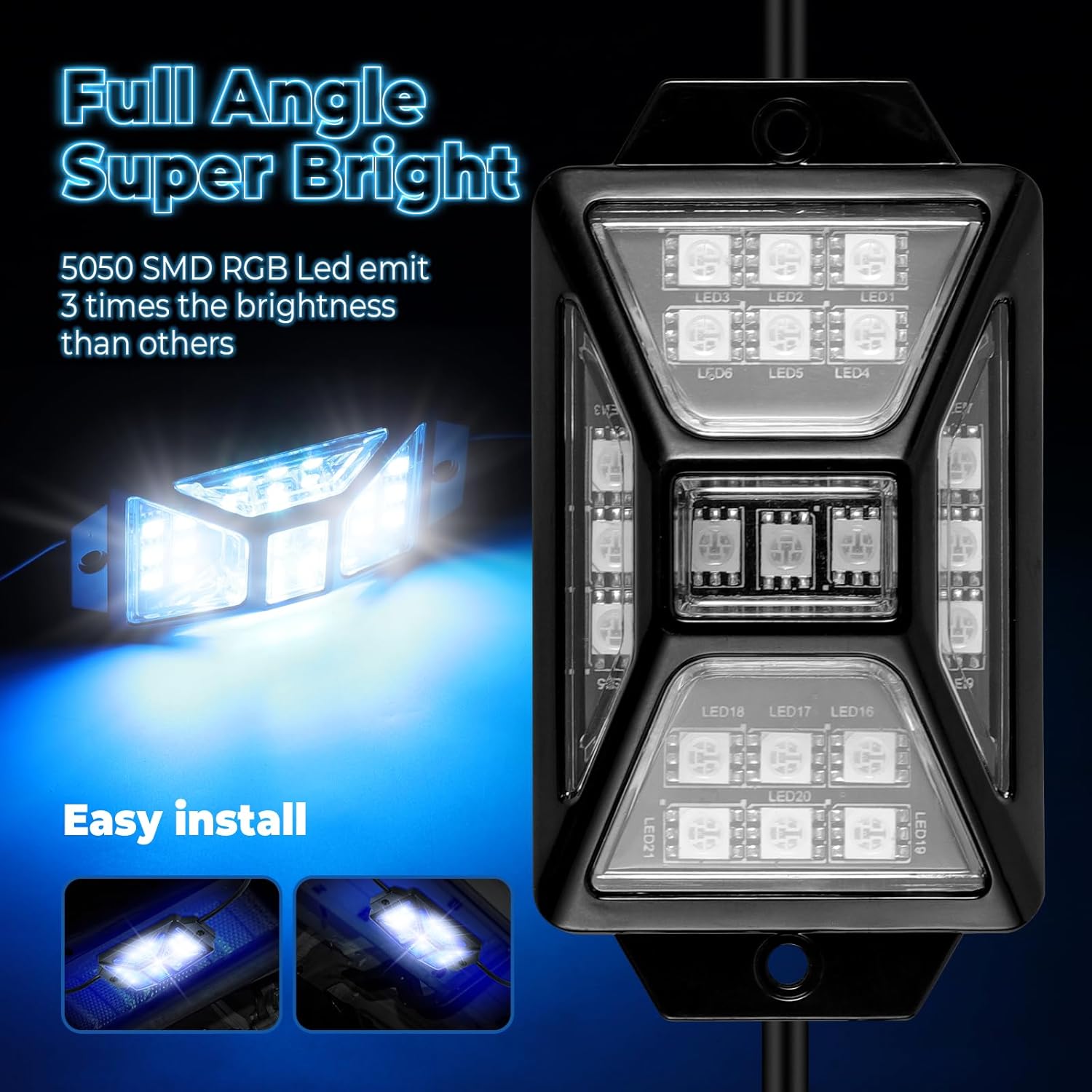 8 Pods Full Angle RGB Rock Lights Compatible with 12V Trucks Jeep UTV SUV ATV Boat Golf Cart, Waterproof, Multi-Color,Brake Light, App/Remote Control Led Rock Lights with Music Mode(Patented)