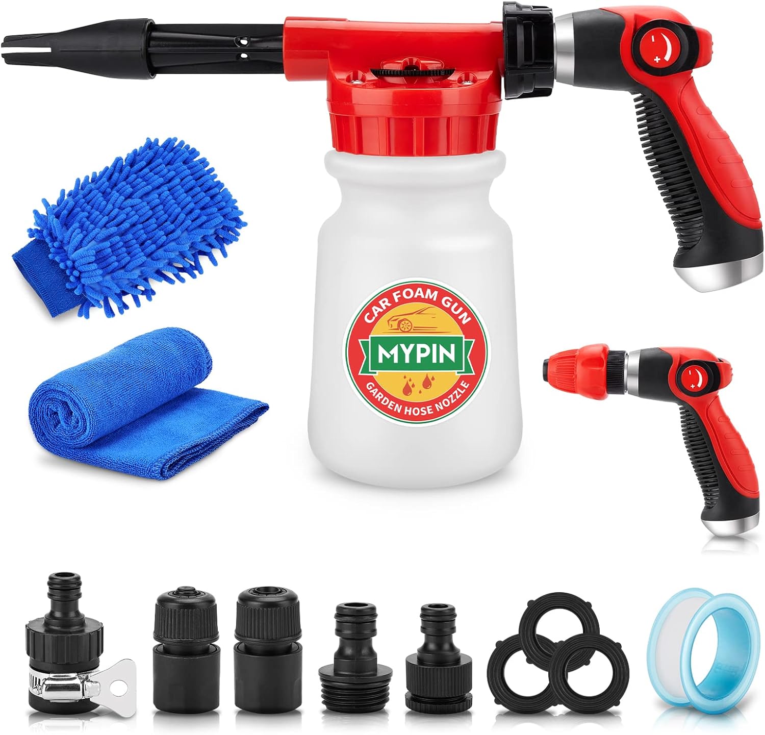 Car Wash Foam Gun/Hose Sprayer, 16 IN 1 Foam Cannon for Car/Garden Cleaning | Adjustable with 2.5-6 Ratio Dial Foam Blaster, 1L Bottle, Nozzles, Mitten&Towel, 1/2” Quick Connector for Garden Hose,Sprayer