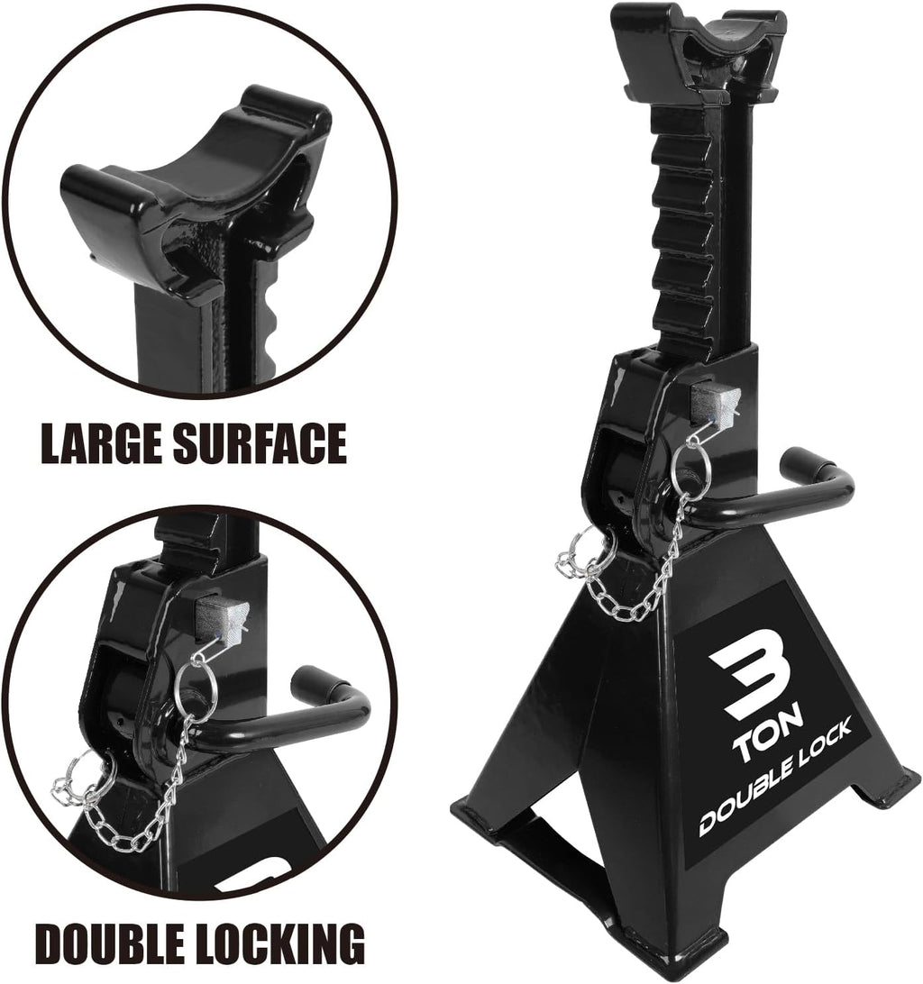 Torin AT43005AB Steel Heavy Duty Jack Stands: Double Locking Pins, 3 Ton (6,000 lb) Capacity, Black, 1 Pair (2 Pack)