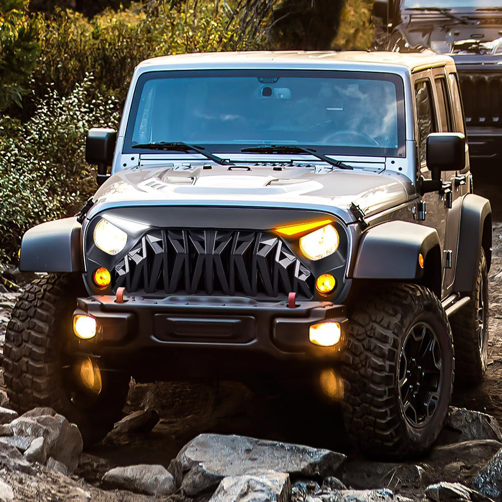 Front Grill Compatible with 2007-2018 Jeep Wrangler JK JKU, Shark Grille w/DRL Turn Signal Lights, Matte Black