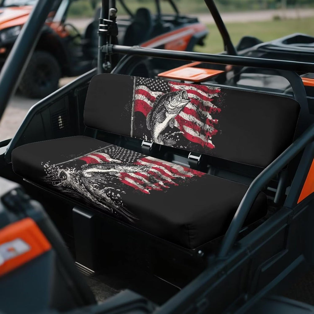 American Flag Bass Fish Print All-Weather 2Pcs UTV Seat Covers-Easy Install, Anti-Slip Backing-Compatible with Kawasaki Mule 4010 4000 3000 3010 2001-2023 2025 Patriotic
