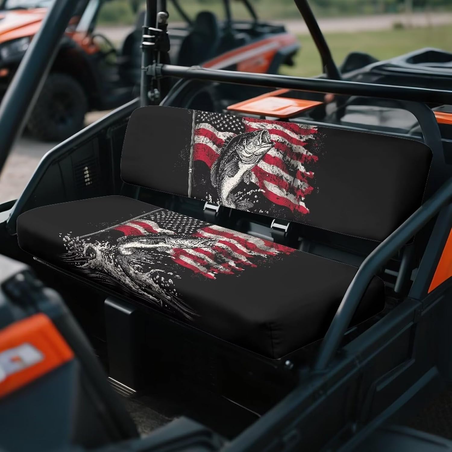 American Flag Bass Fish Print All-Weather 2Pcs UTV Seat Covers-Easy Install, Anti-Slip Backing-Compatible with Kawasaki Mule 4010 4000 3000 3010 2001-2023 2025 Patriotic