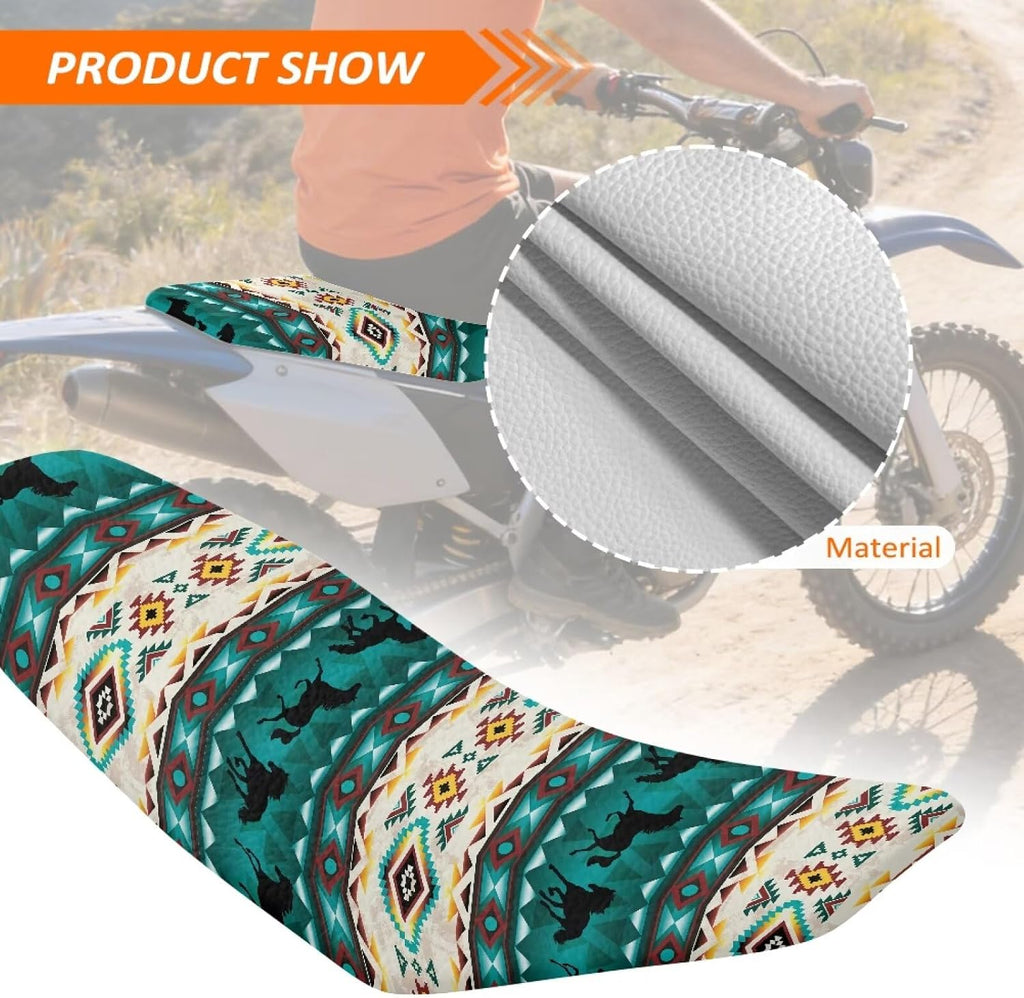 Pensura Aztec Horse Western Seat Cover for Dirt Bike Non-Slip Gripper Seat Protection PU Leather Weather Resistant Motocross Enduro Cushion Covers for Off-Road Trail Riding