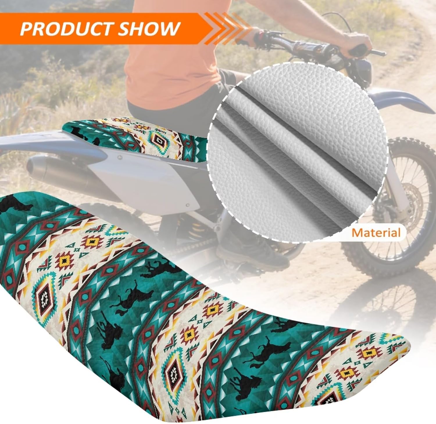 Pensura Aztec Horse Western Seat Cover for Dirt Bike Non-Slip Gripper Seat Protection PU Leather Weather Resistant Motocross Enduro Cushion Covers for Off-Road Trail Riding