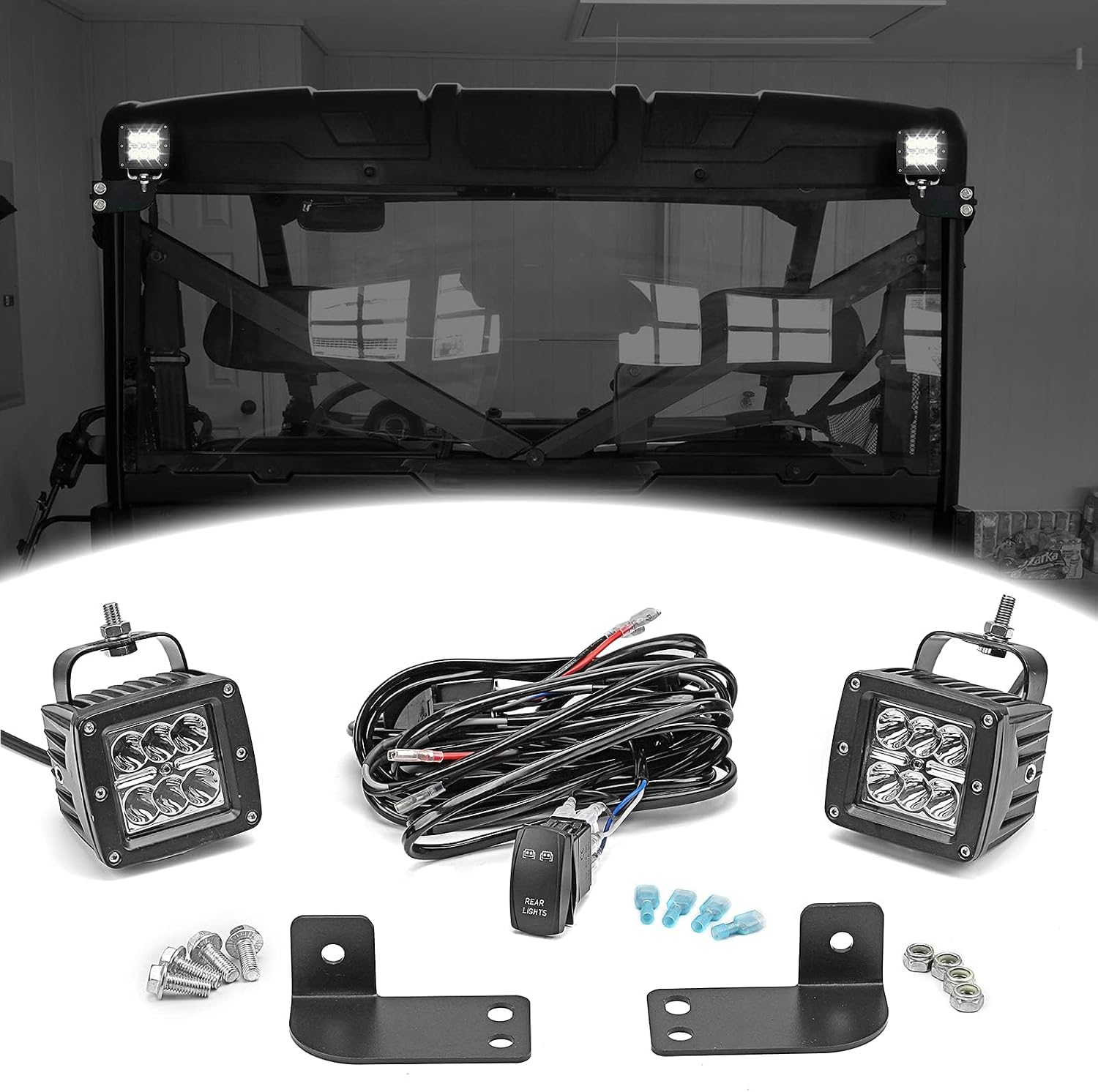Dasen LED Light w/Wiring Mount Bracket kit Rear Roll Cage Spotlight 3 Inch 24W Backup Reverse LED Compatible with Polaris Ranger Full Size 2013-2025