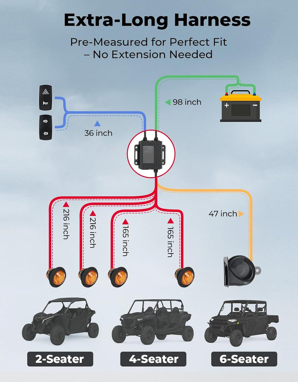 kemimoto utv turn signal kit with 110d horn showing dimensions