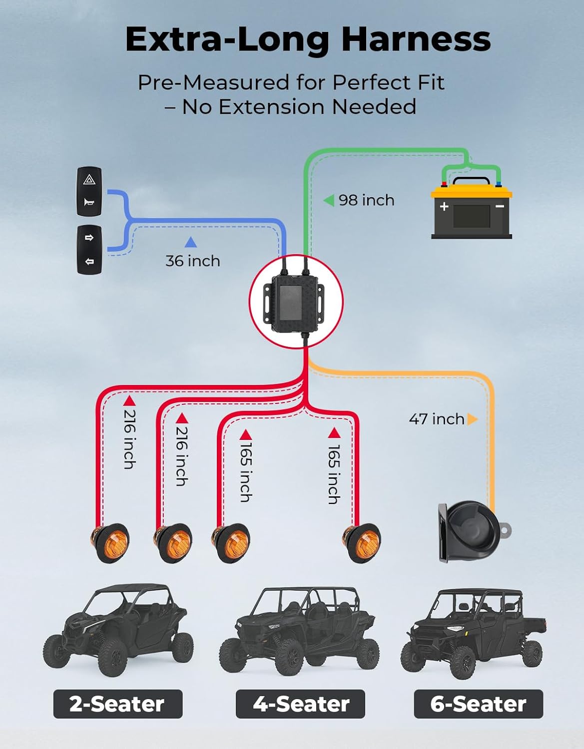 kemimoto utv turn signal kit with 110d horn showing dimensions