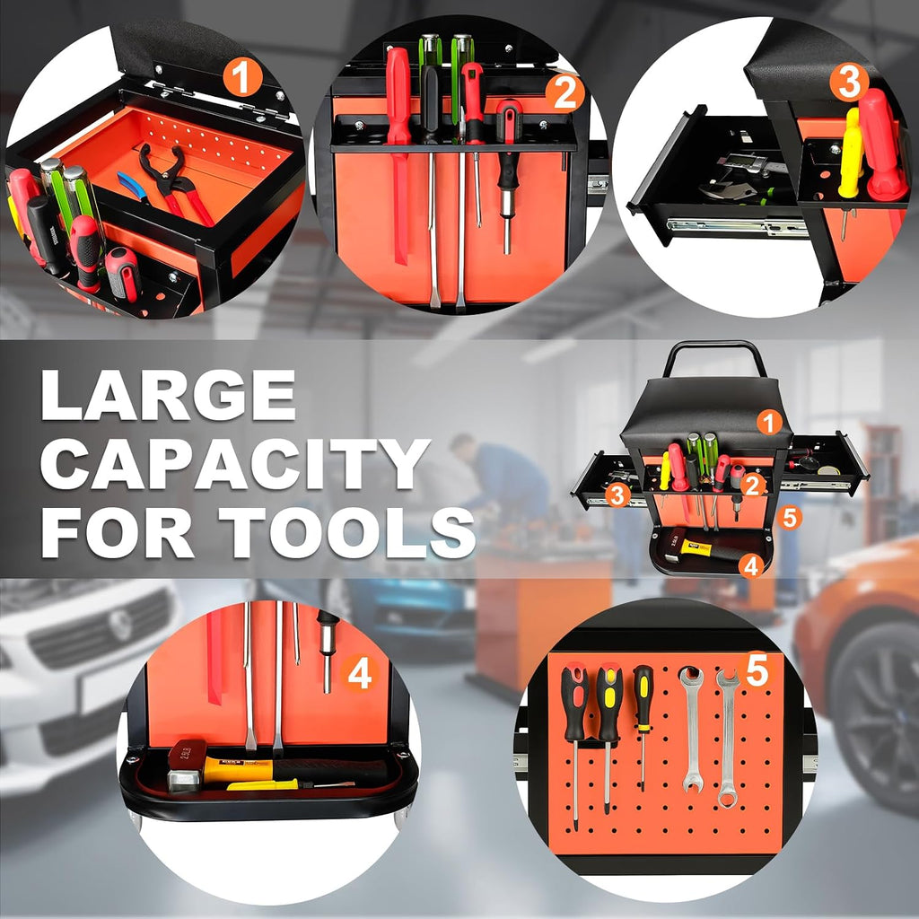 A A IN Rolling Tool Chest Creeper Seat with 4 Pieces 2-1/2" Swivel Casters,Padded Creeper Seat with Extra Storage,Tool Box Chair, 300 pounds Capacity Mechanics Chair with Drawers