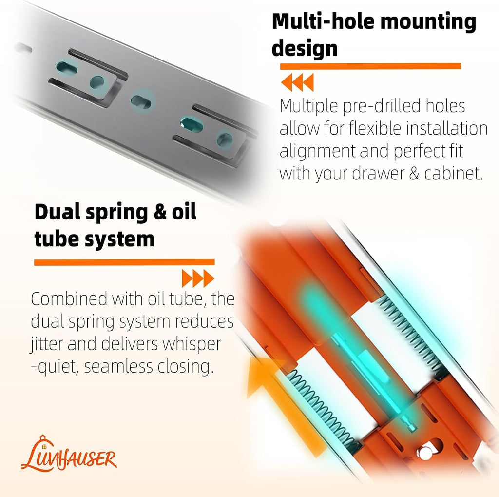 2 pair side‑mount 3‑section full extension soft‑close drawer, front angle view